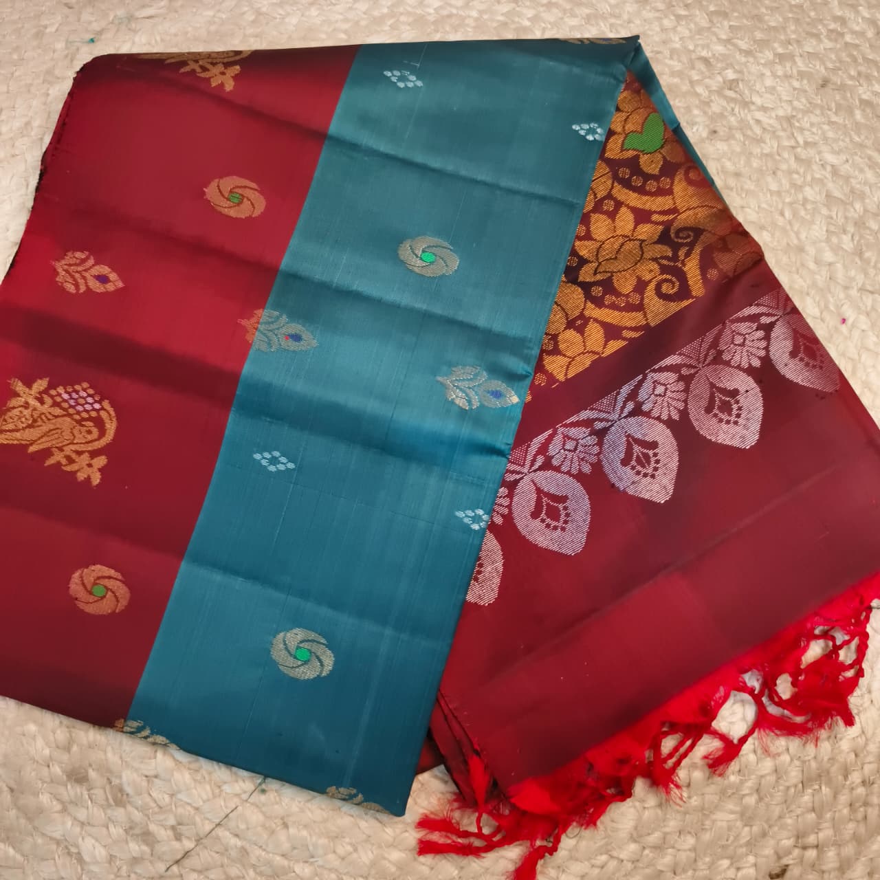 Soft Silk Saree – Teal Blue and Maroon Contrast