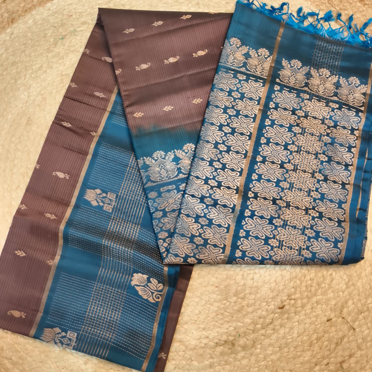 Soft Silk Saree – Dark Grey and Blue Contrast