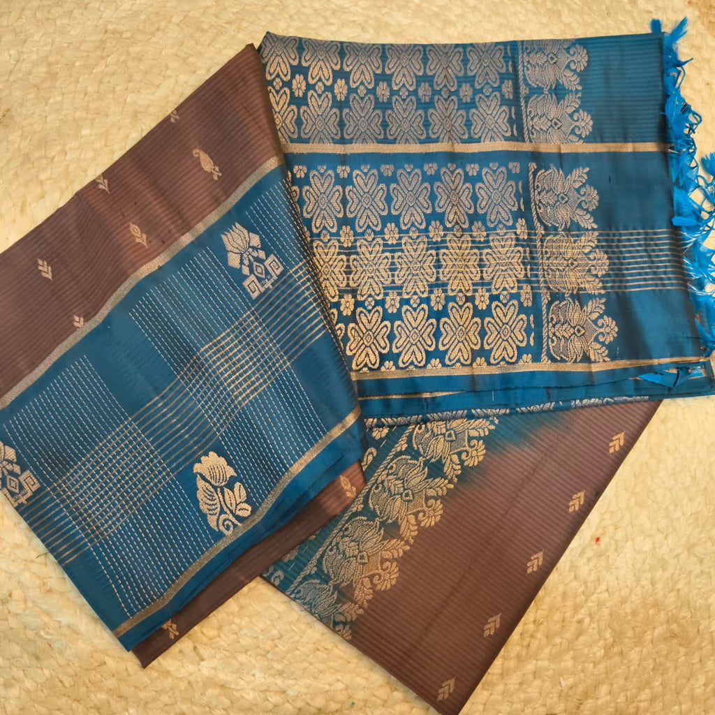 Soft Silk Saree – Dark Grey and Blue Contrast