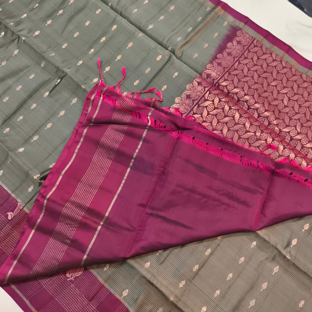 Soft Silk Saree – Grey and Wine Contrast