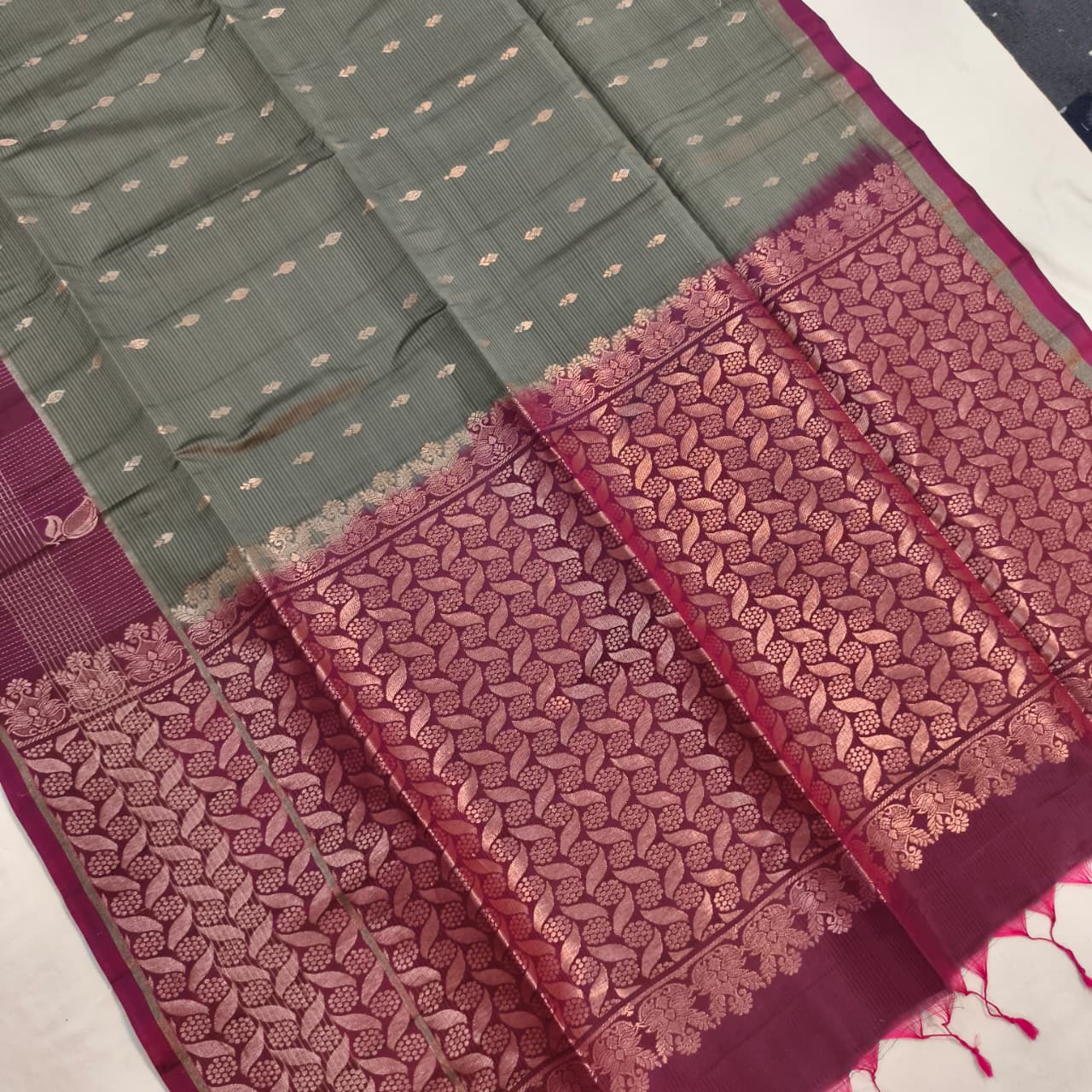 Soft Silk Saree – Grey and Wine Contrast