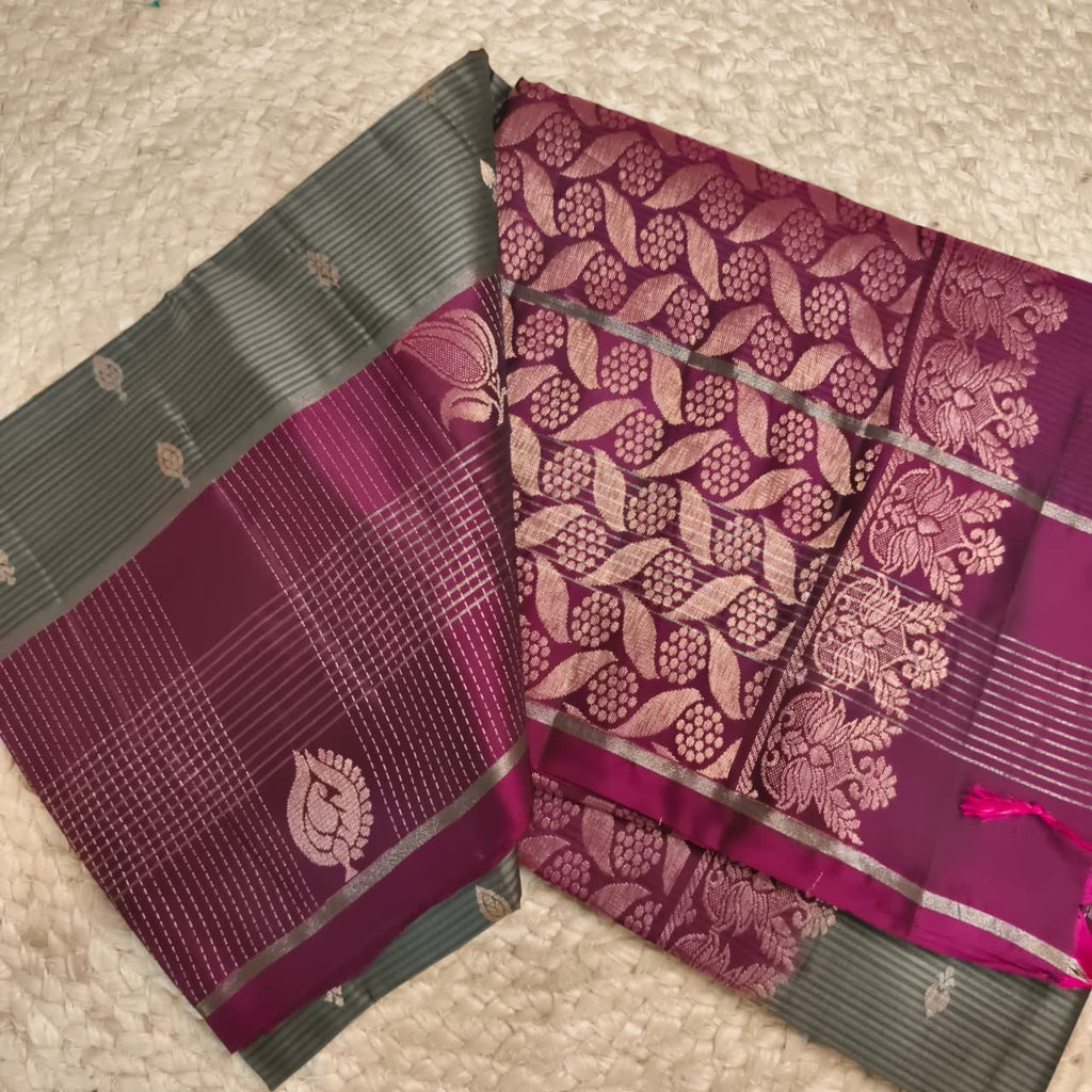 Soft Silk Saree – Grey and Wine Contrast