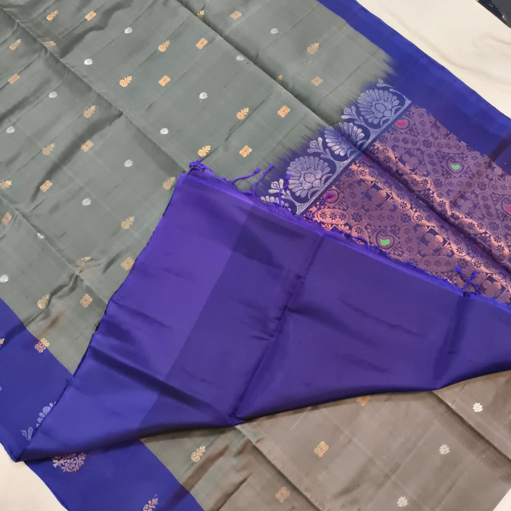 Soft Silk Saree – Grey and Royal Blue Contrast
