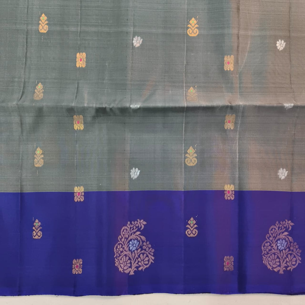 Soft Silk Saree – Grey and Royal Blue Contrast
