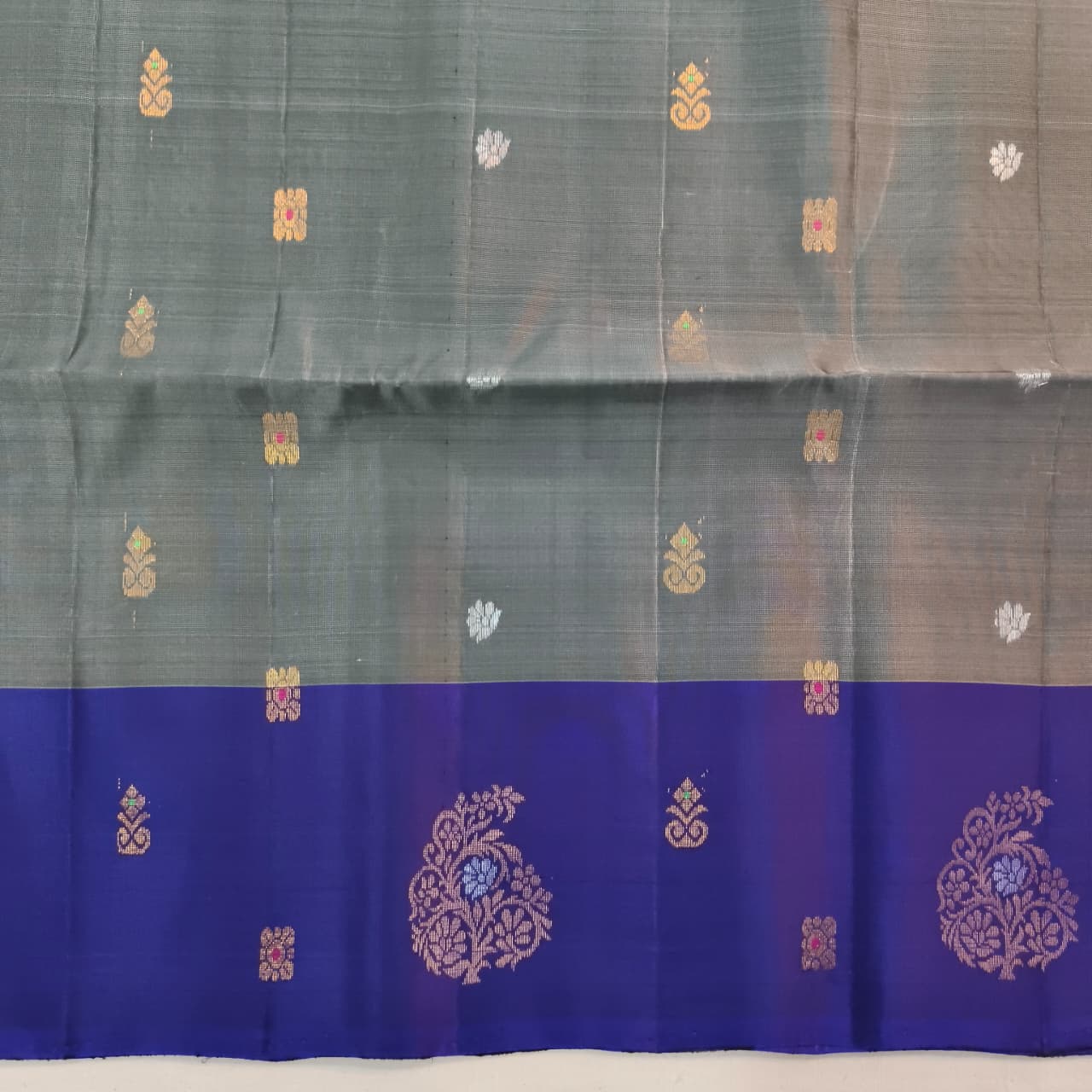 Soft Silk Saree – Grey and Royal Blue Contrast