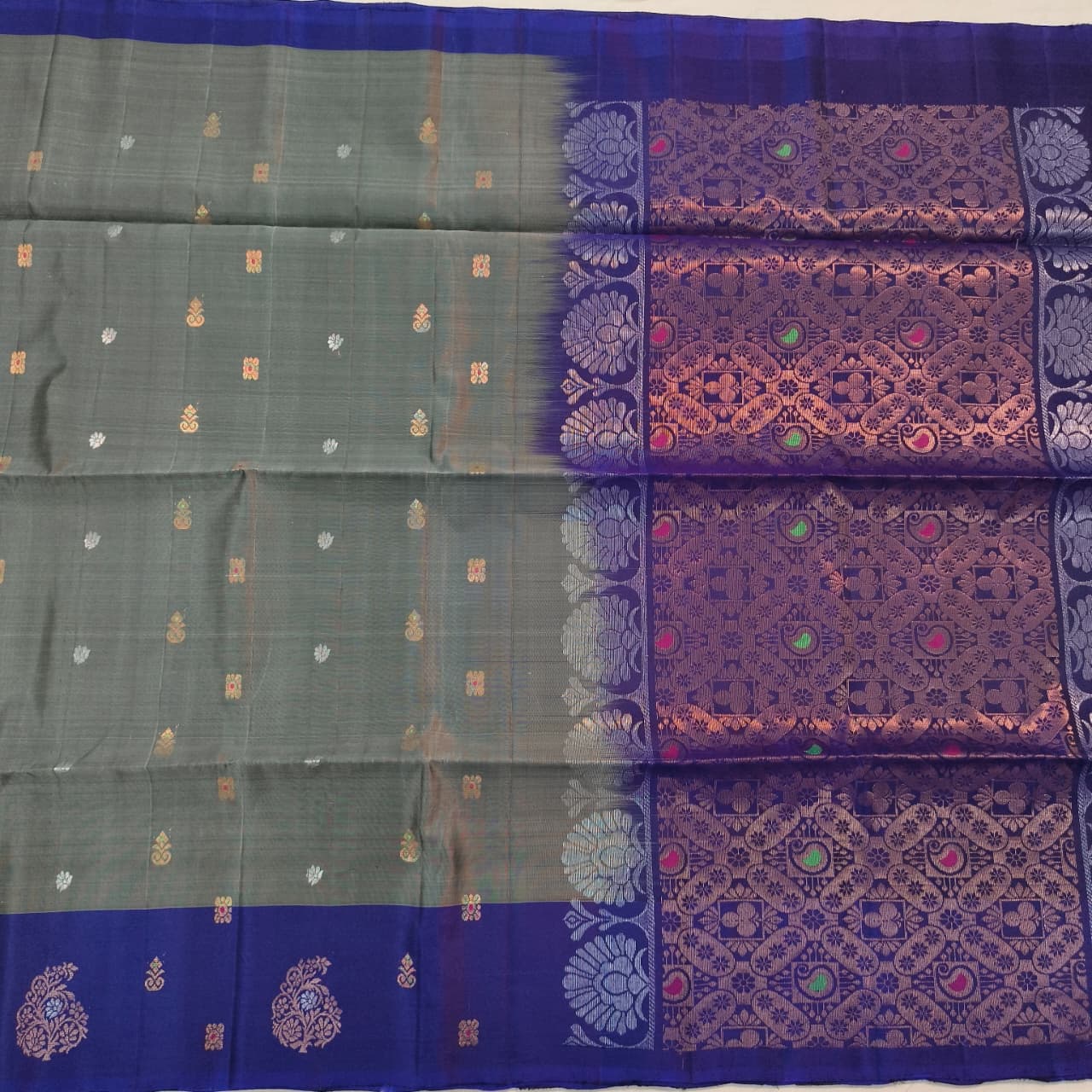 Soft Silk Saree – Grey and Royal Blue Contrast
