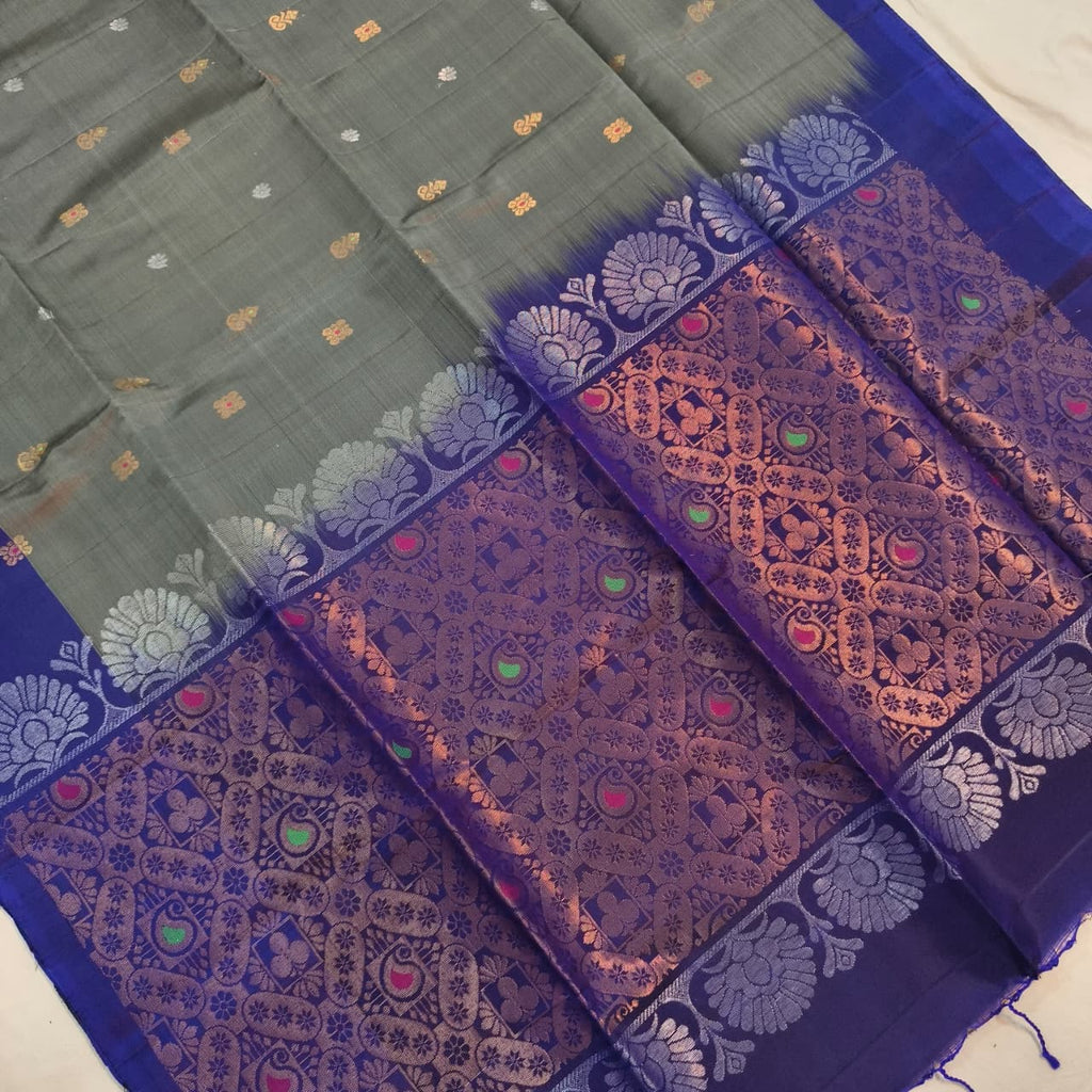 Soft Silk Saree – Grey and Royal Blue Contrast