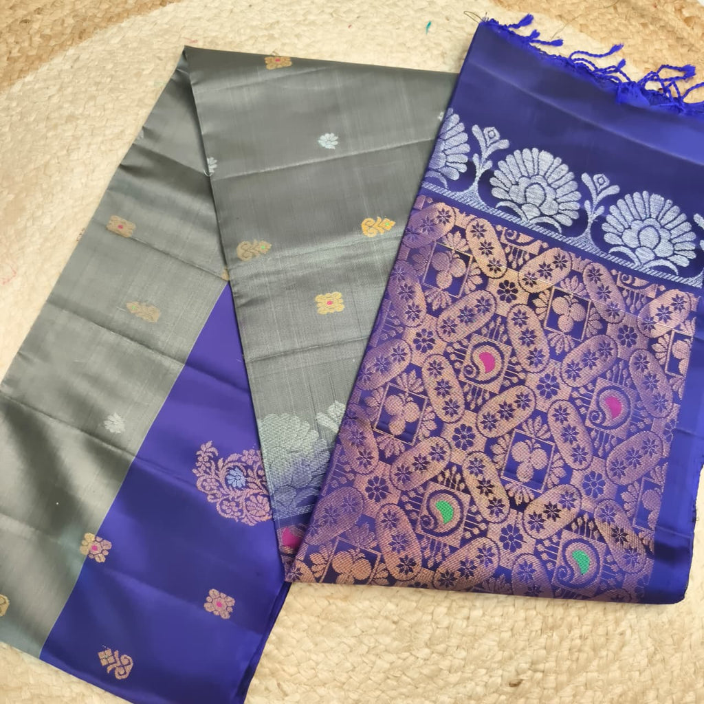 Soft Silk Saree – Grey and Royal Blue Contrast