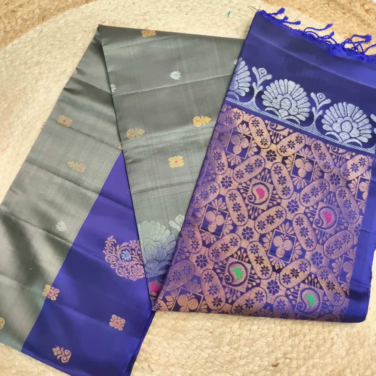 Soft Silk Saree – Grey and Royal Blue Contrast