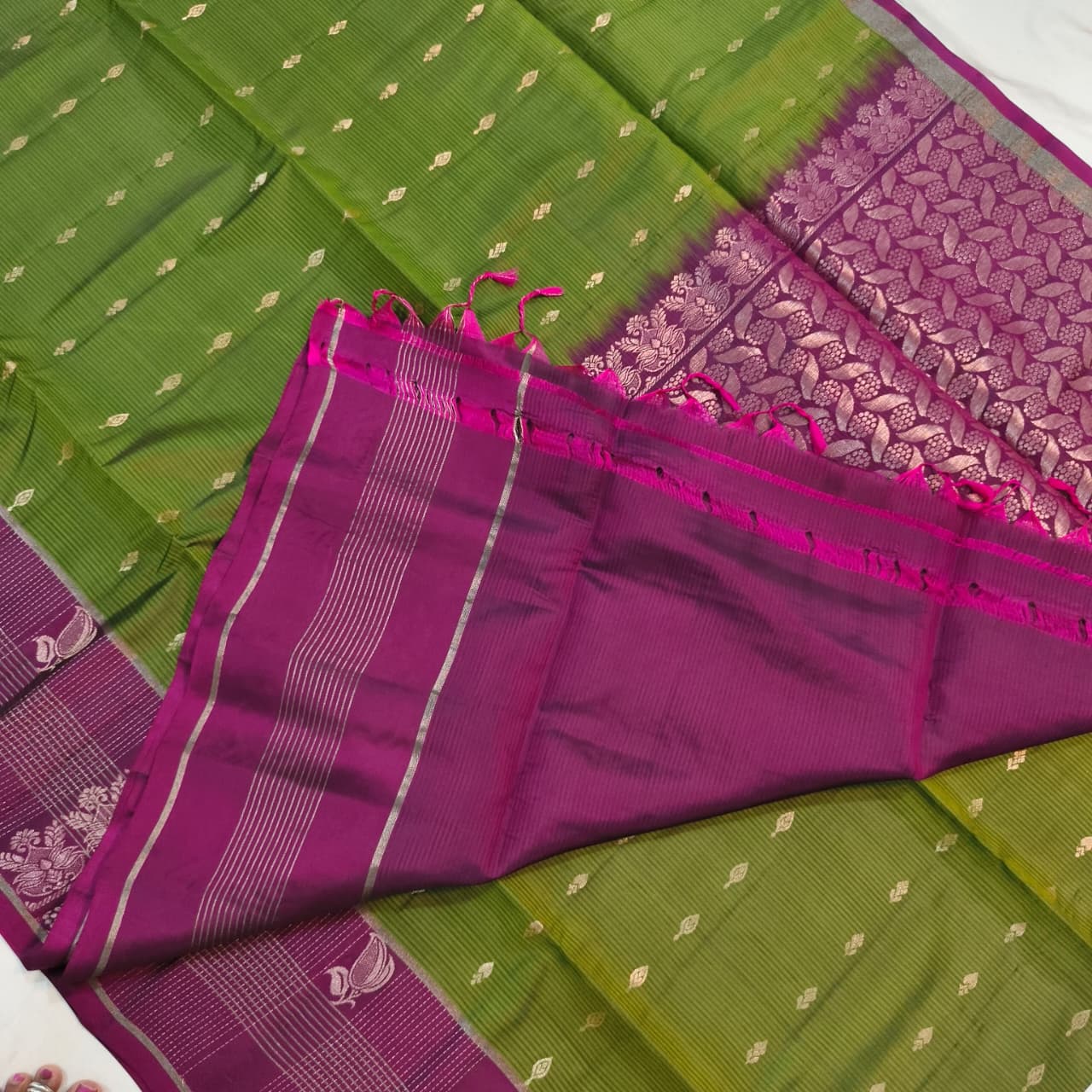 Soft Silk Saree – Green and Wine Contrast