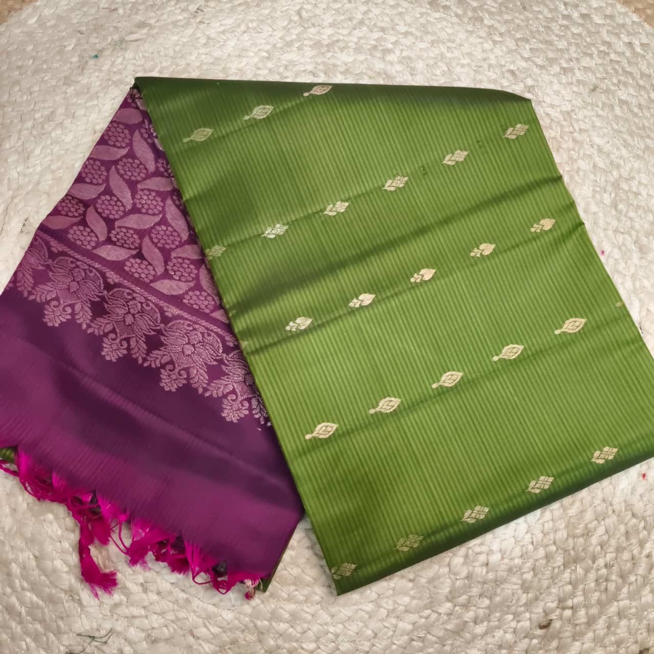 Soft Silk Saree – Green and Wine Contrast