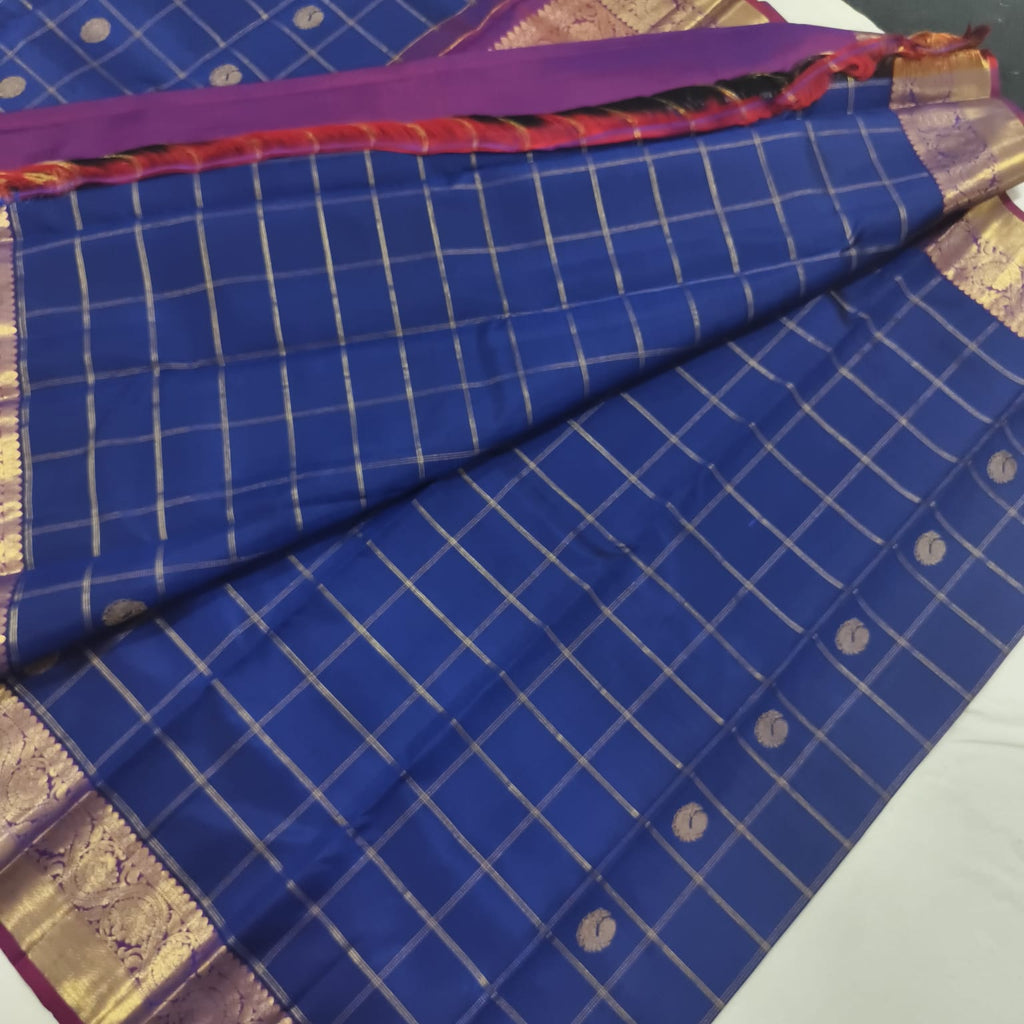 Pure Kanchipuram Silk Saree – Blue and Magenta Checks