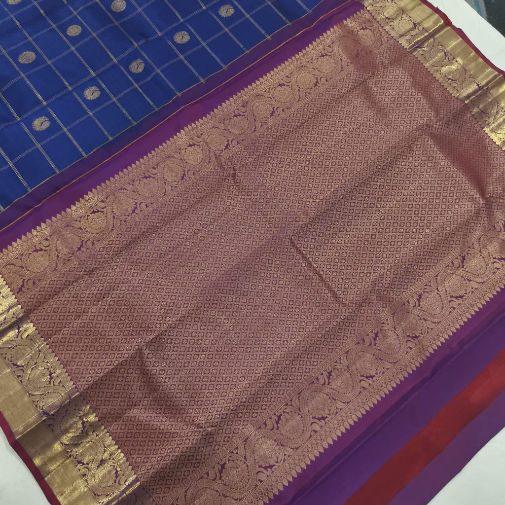 Pure Kanchipuram Silk Saree – Blue and Magenta Checks