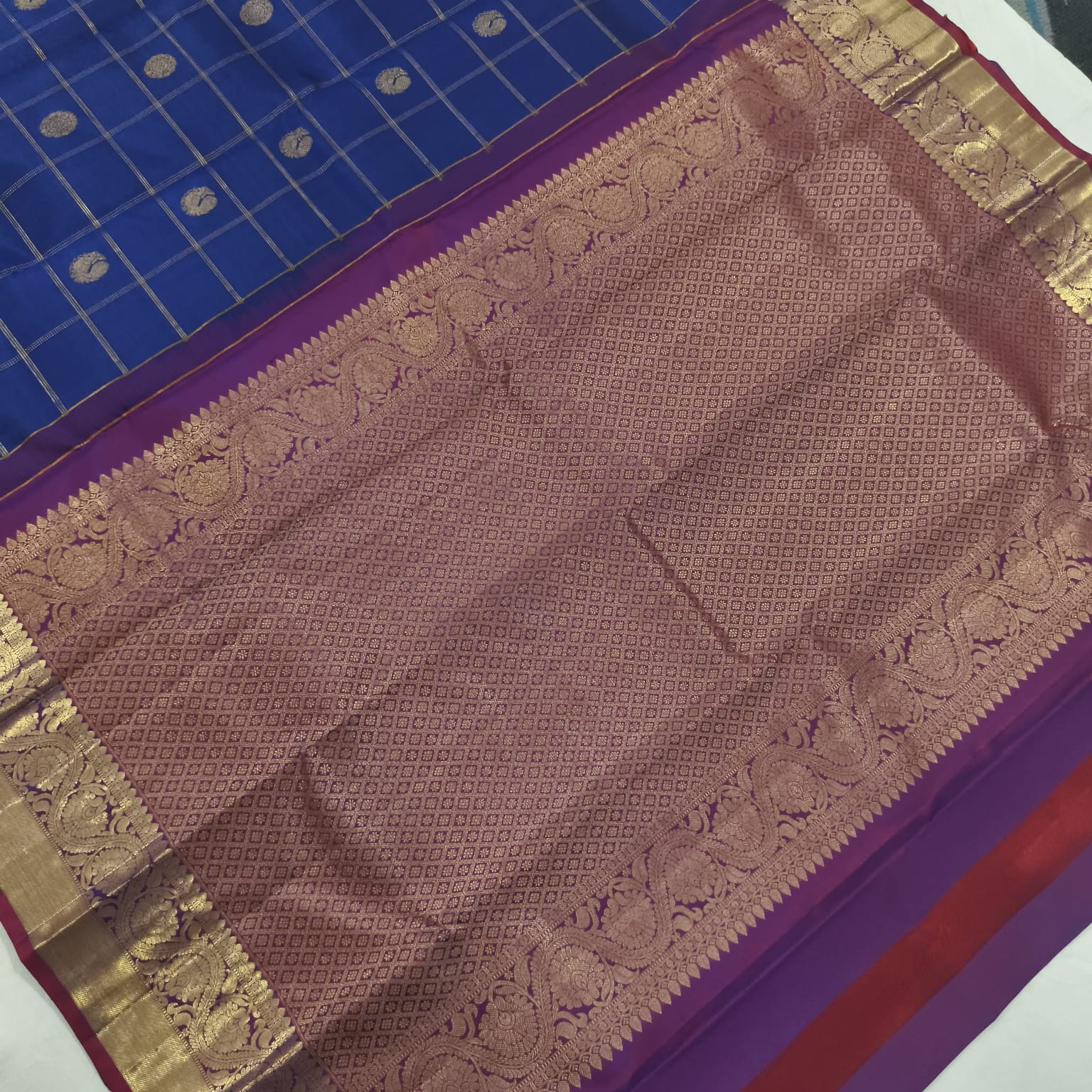 Pure Kanchipuram Silk Saree – Blue and Magenta Checks