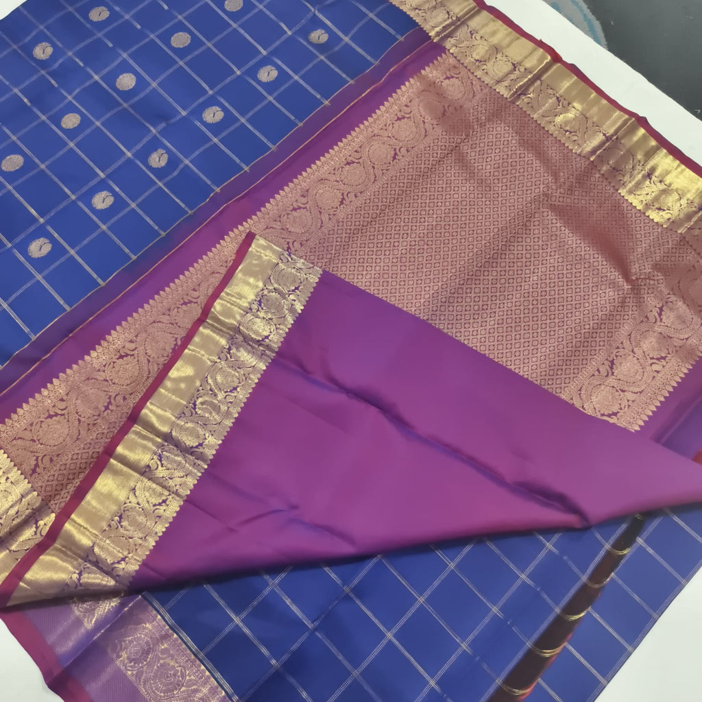 Pure Kanchipuram Silk Saree – Blue and Magenta Checks