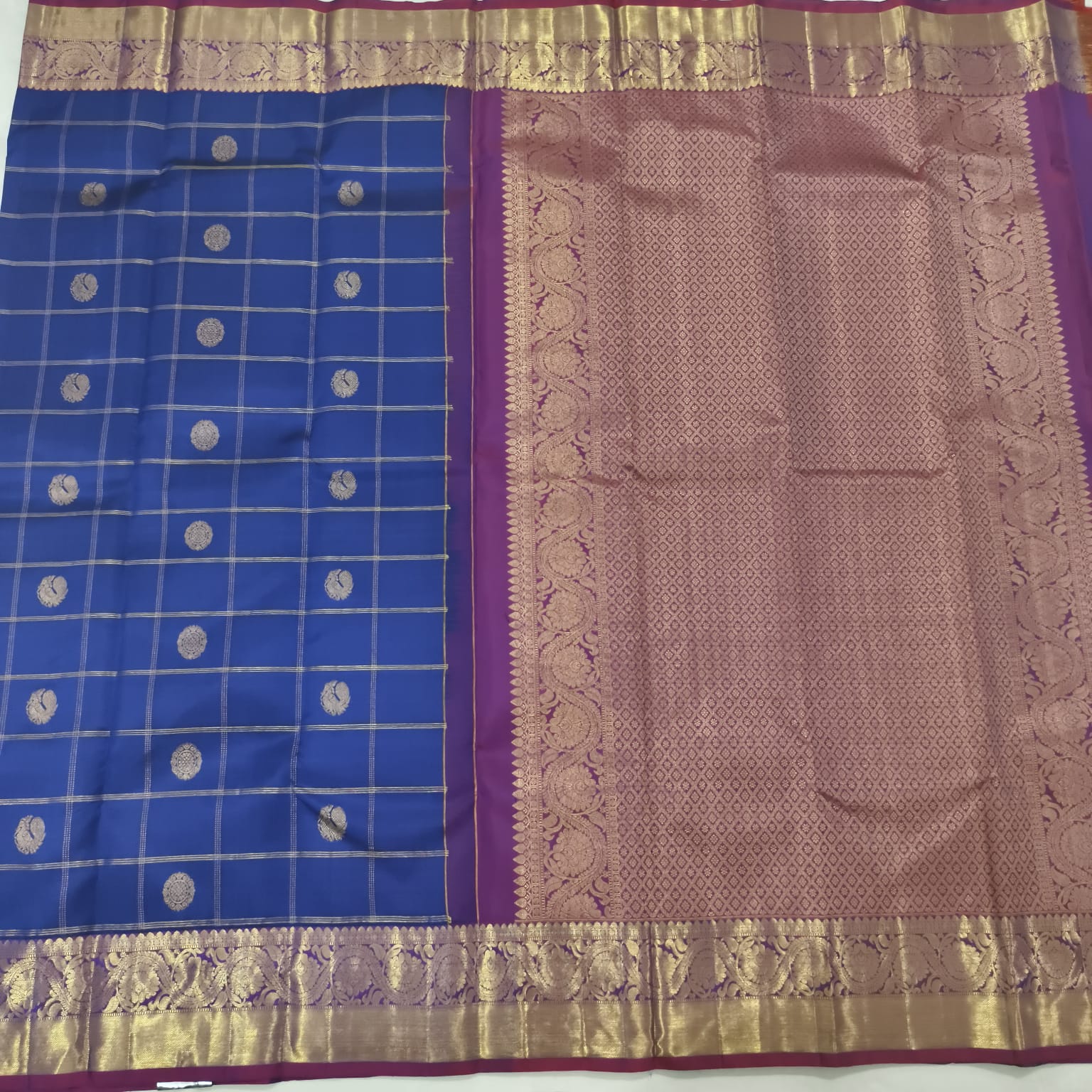 Pure Kanchipuram Silk Saree – Blue and Magenta Checks