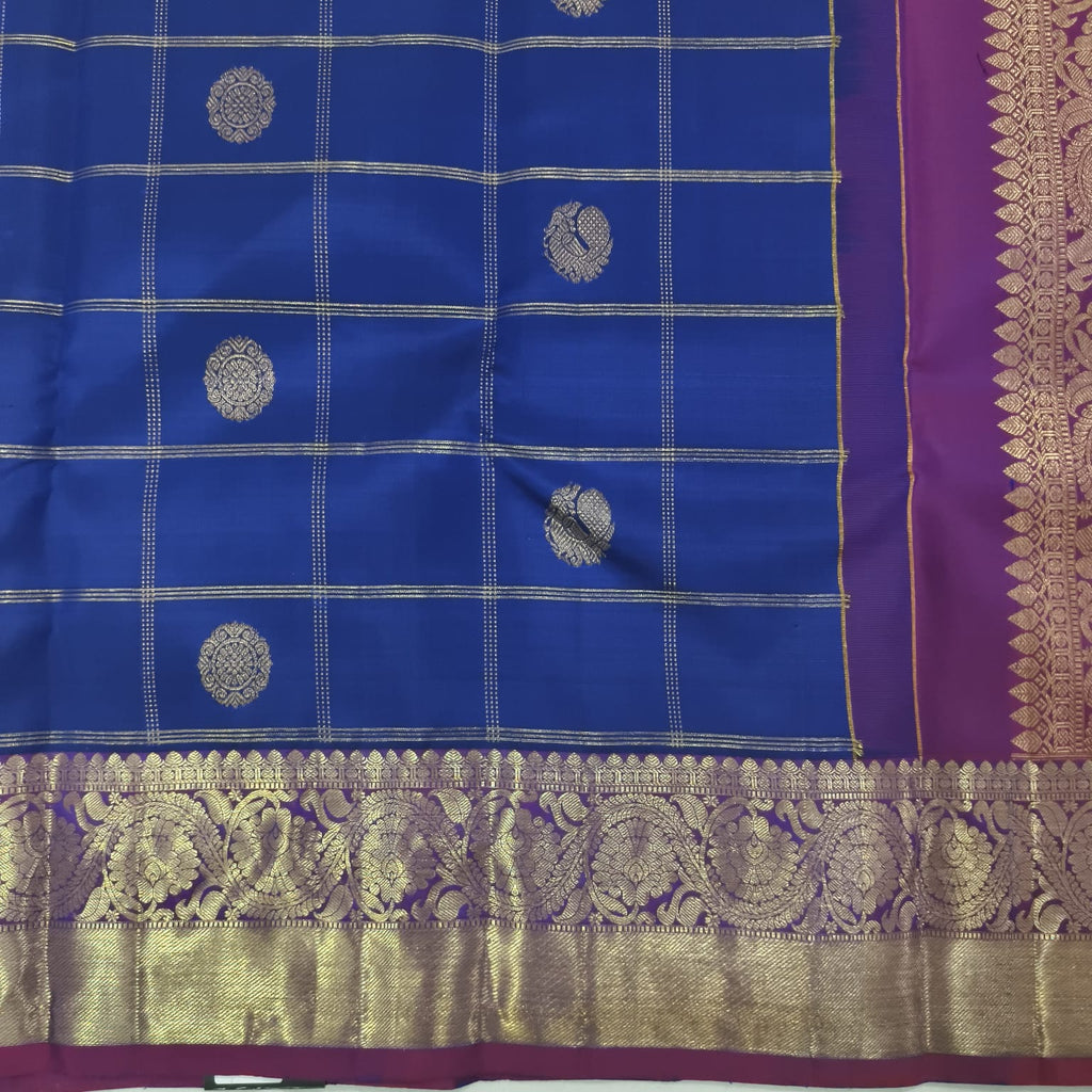 Pure Kanchipuram Silk Saree – Blue and Magenta Checks