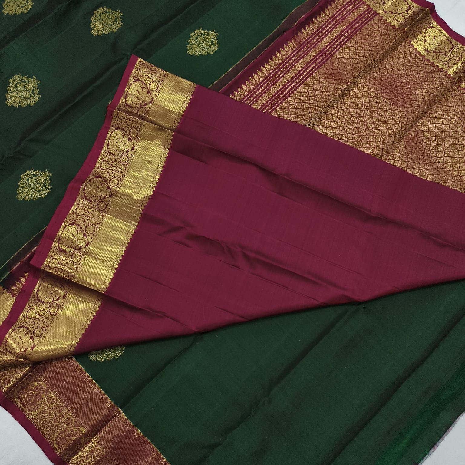 Pure Kanchipuram Silk Saree – Bottle Green and Maroon