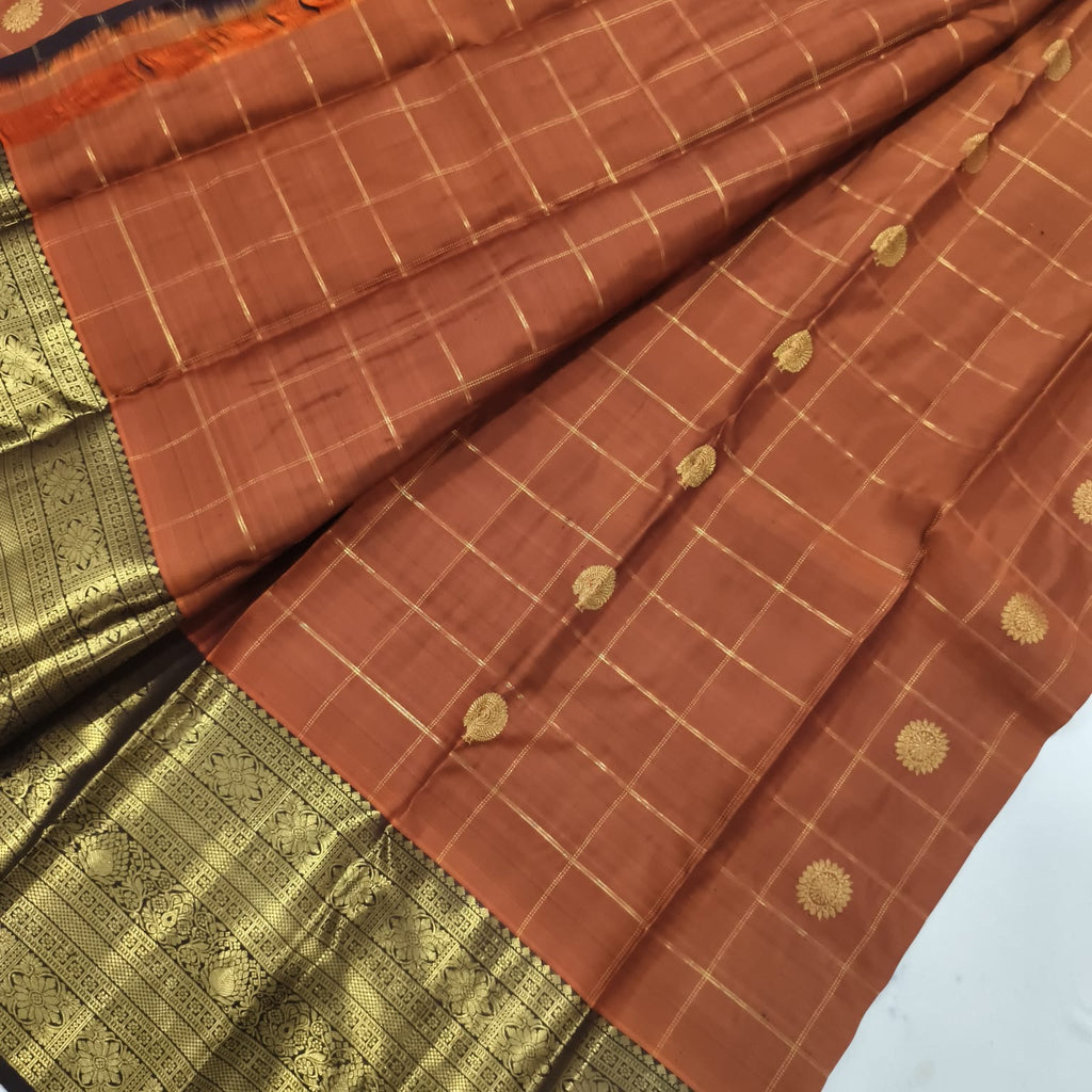 Pure Kanchipuram Silk Saree – Rust Orange and Deep Chocolate with Checks