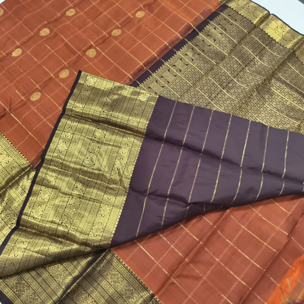 Pure Kanchipuram Silk Saree – Rust Orange and Deep Chocolate with Checks