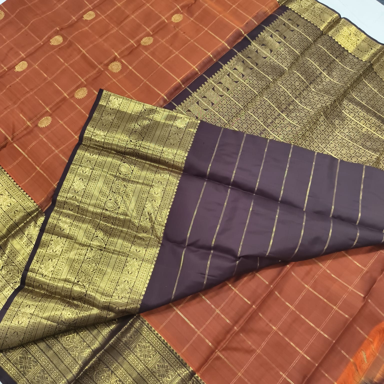 Pure Kanchipuram Silk Saree – Rust Orange and Deep Chocolate with Checks