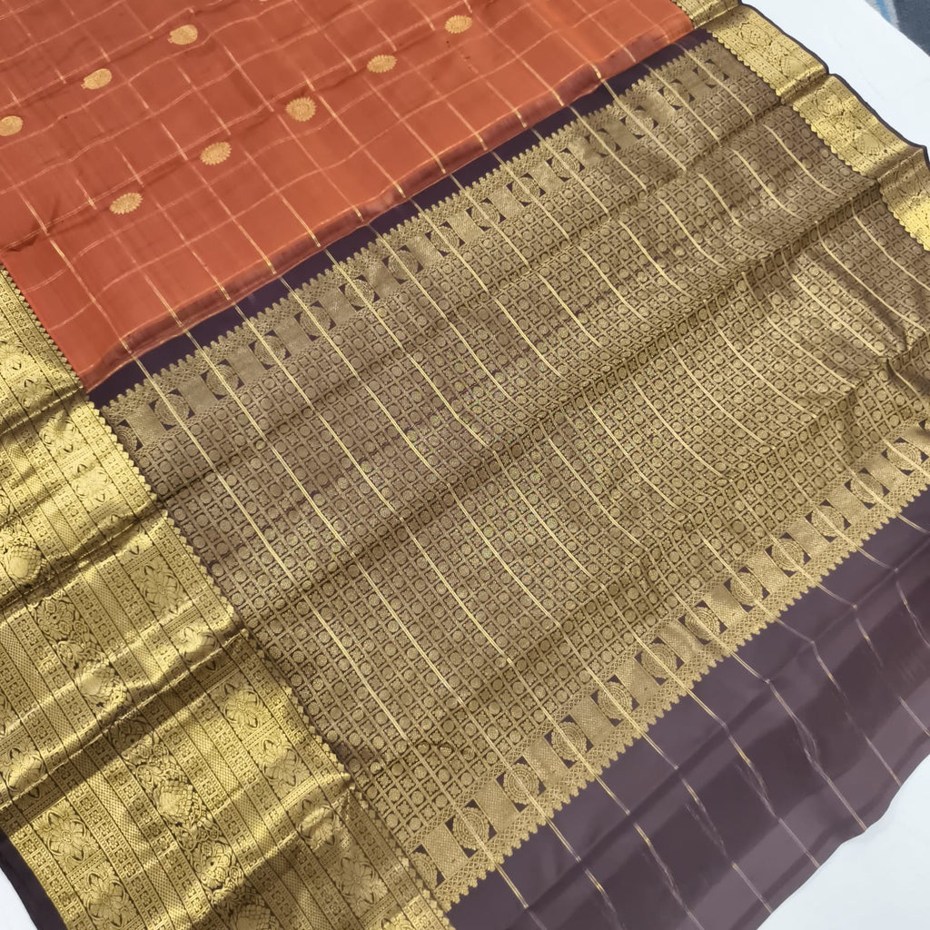 Pure Kanchipuram Silk Saree – Rust Orange and Deep Chocolate with Checks