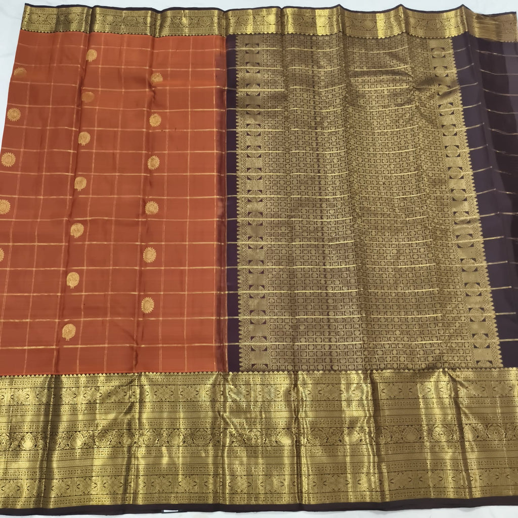 Pure Kanchipuram Silk Saree – Rust Orange and Deep Chocolate with Checks