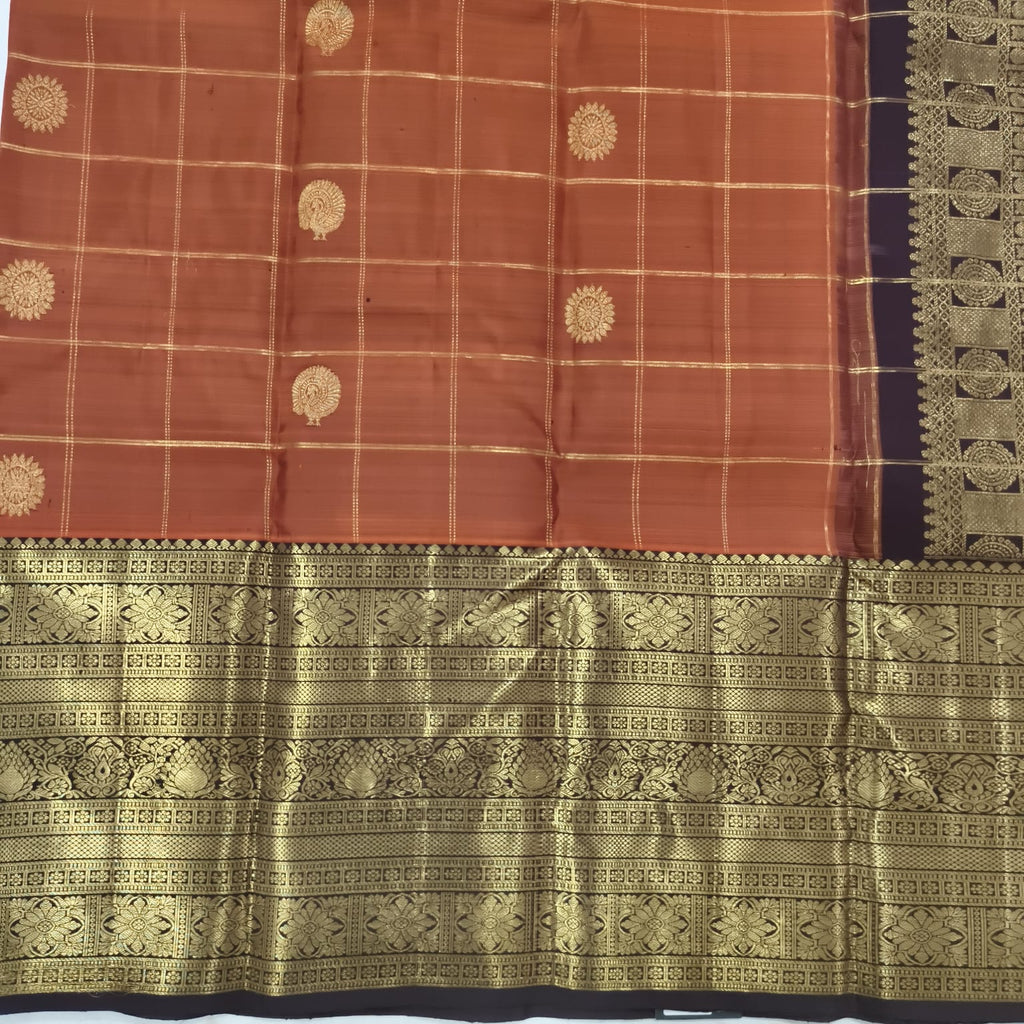 Pure Kanchipuram Silk Saree – Rust Orange and Deep Chocolate with Checks