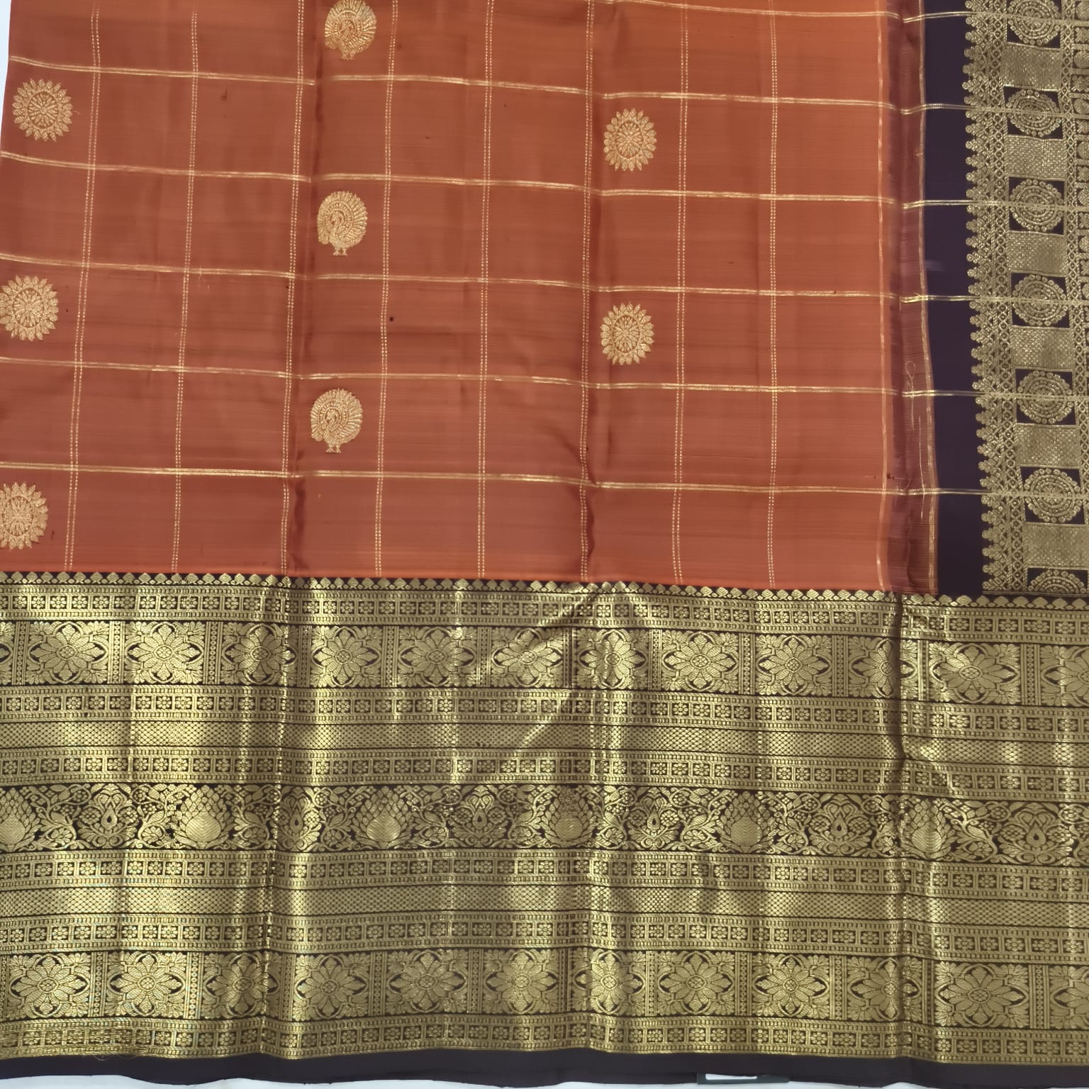 Pure Kanchipuram Silk Saree – Rust Orange and Deep Chocolate with Checks
