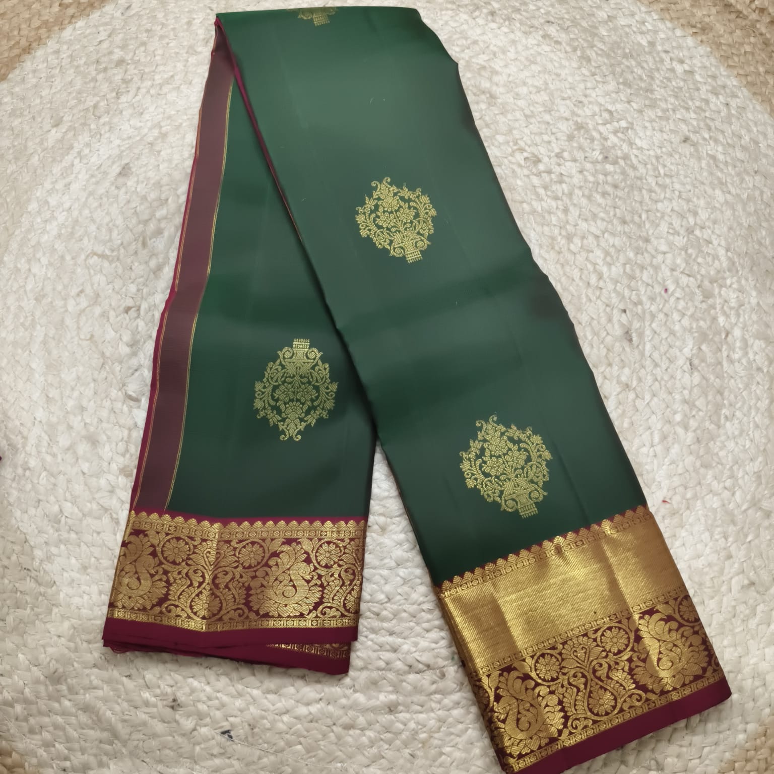 Pure Kanchipuram Silk Saree – Bottle Green and Maroon