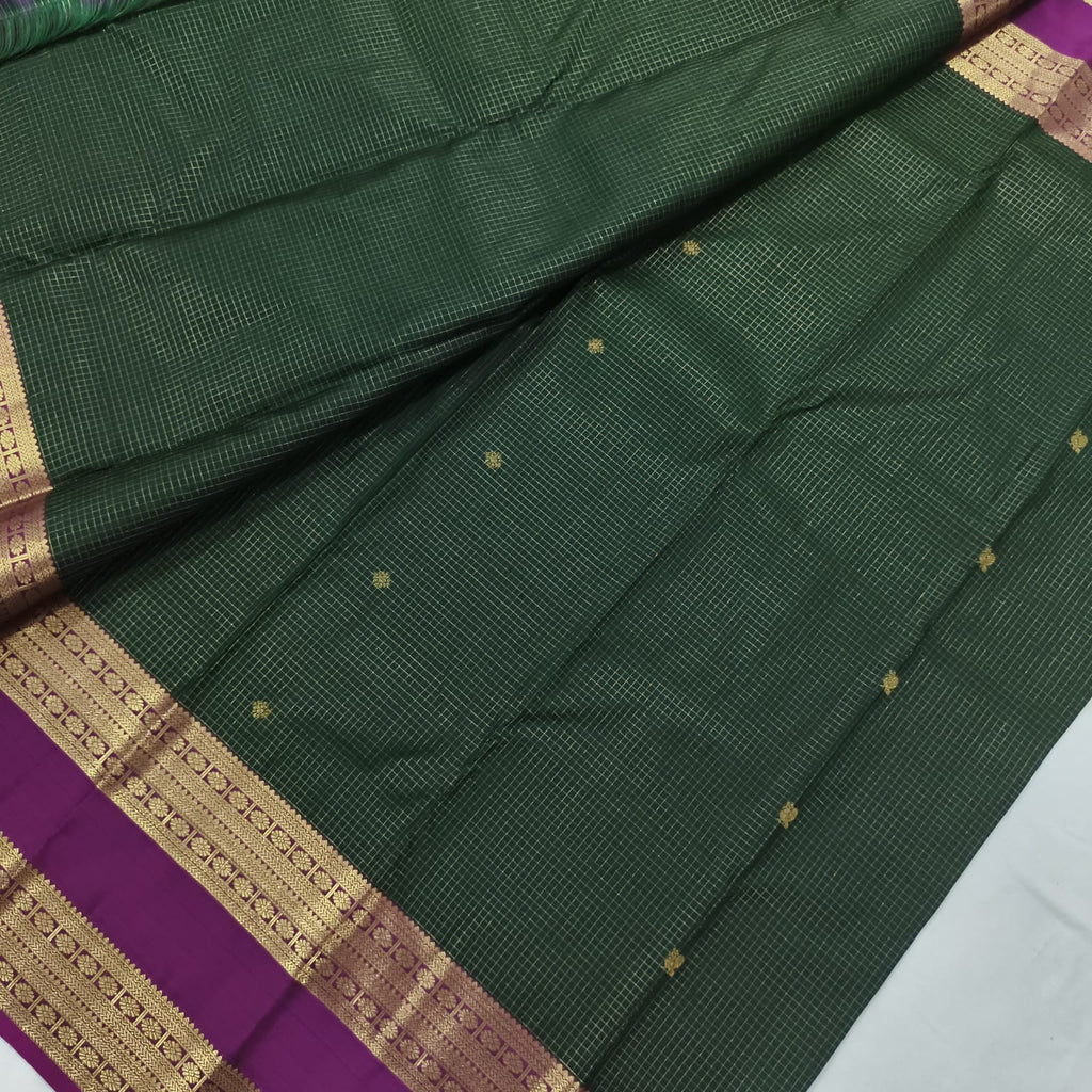 Pure Kanchipuram Silk Saree – Bottle Green and Wine with small Checks