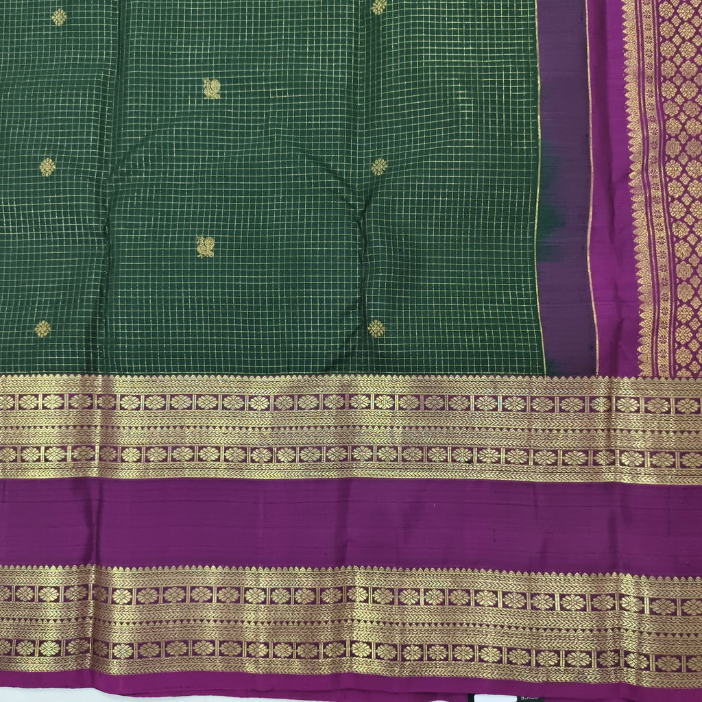 Pure Kanchipuram Silk Saree – Bottle Green and Wine with small Checks