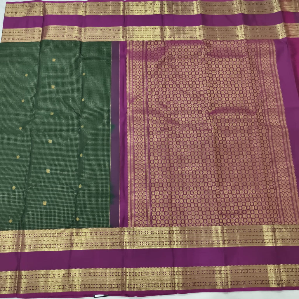 Pure Kanchipuram Silk Saree – Bottle Green and Wine with small Checks