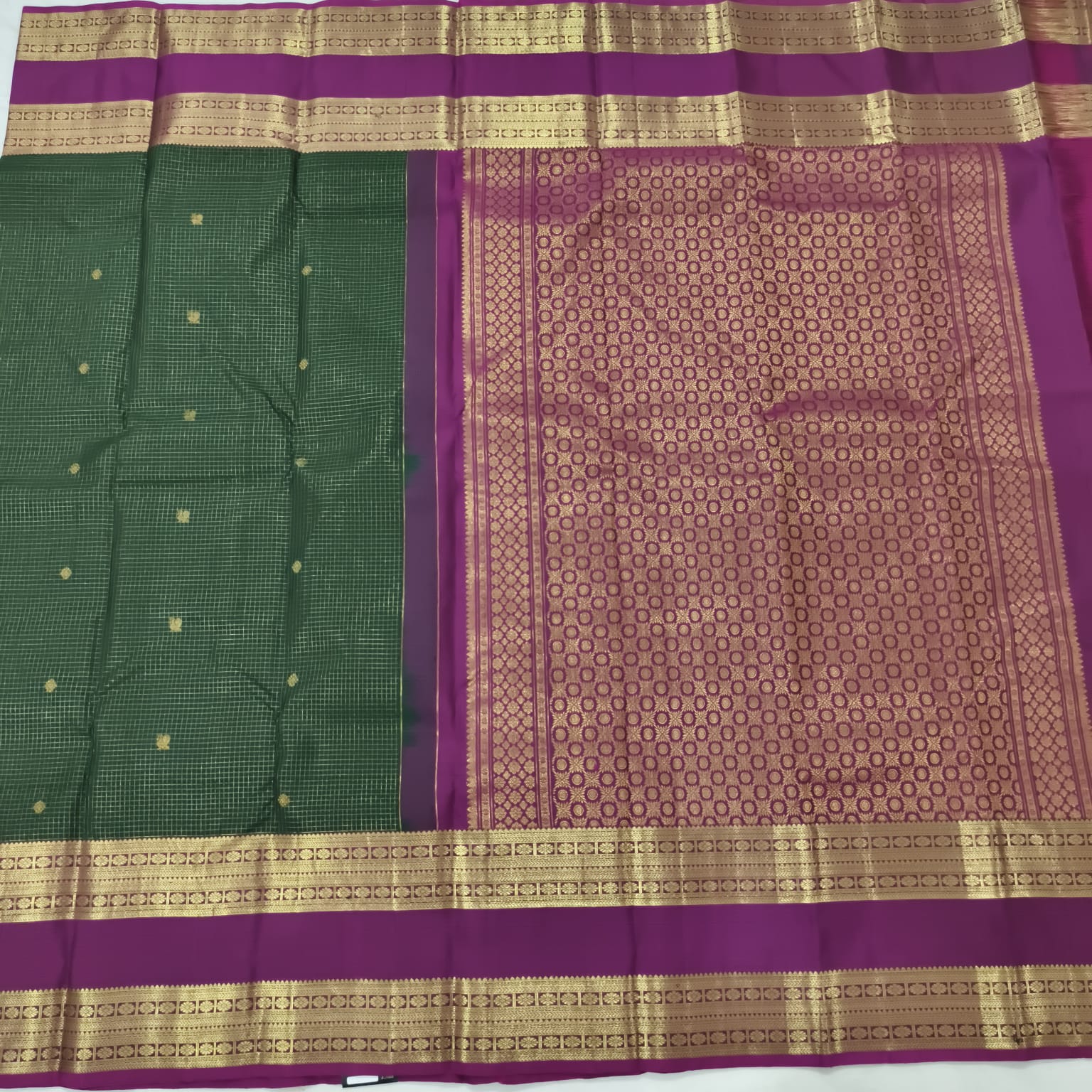Pure Kanchipuram Silk Saree – Bottle Green and Wine with small Checks