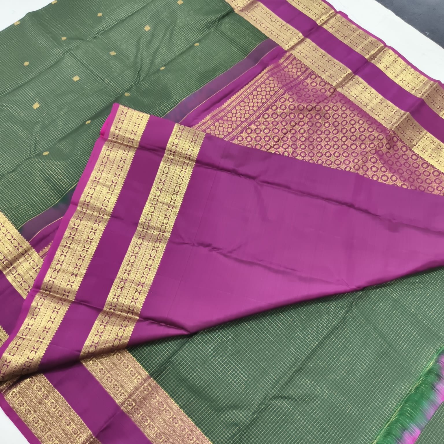 Pure Kanchipuram Silk Saree – Bottle Green and Wine with small Checks