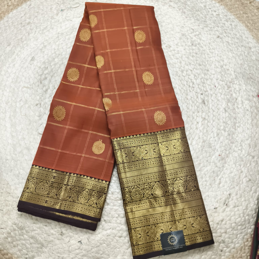 Pure Kanchipuram Silk Saree – Rust Orange and Deep Chocolate with Checks