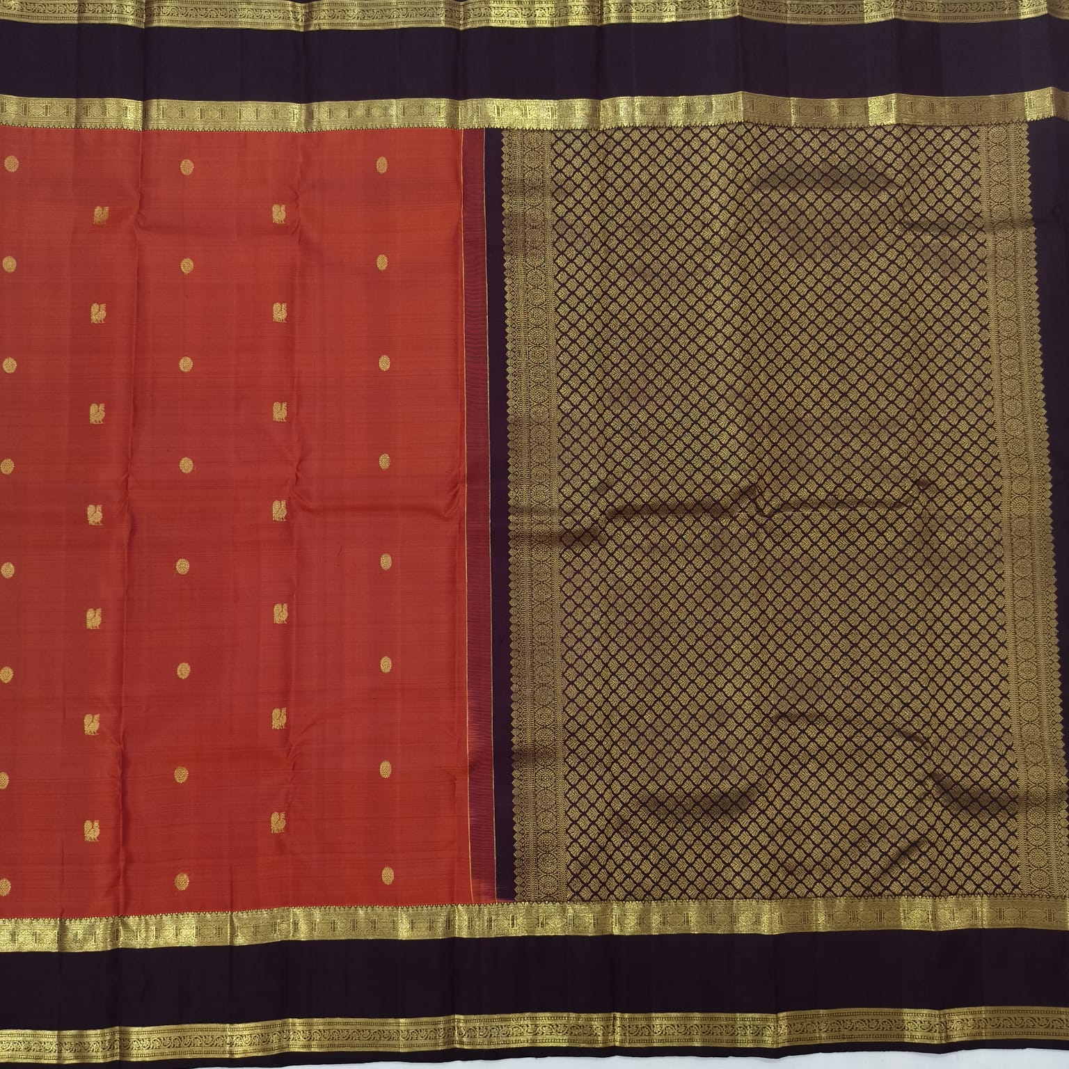 Pure Kanchipuram Silk Saree –Rust Orange and Deep Chocolate