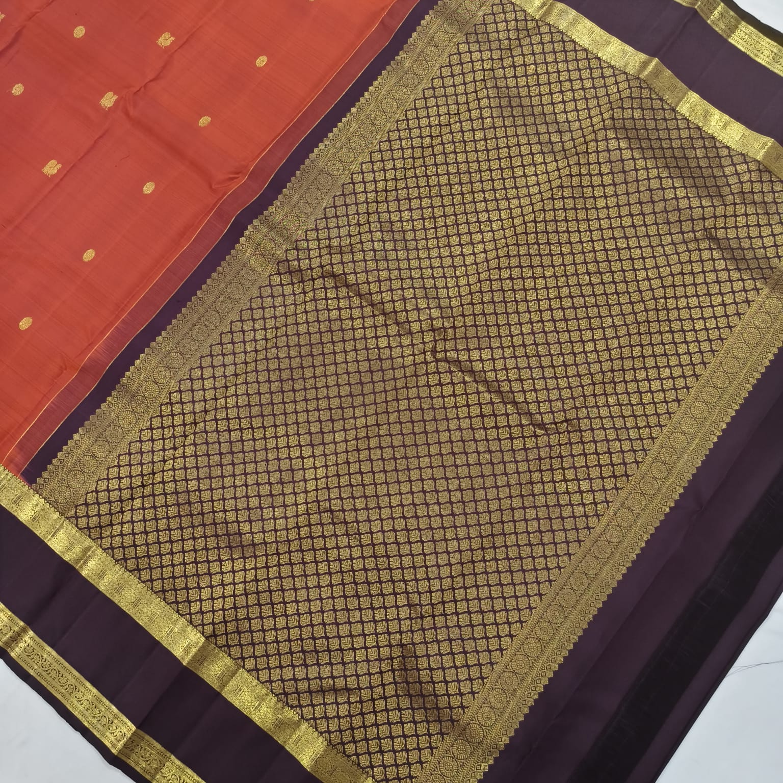 Pure Kanchipuram Silk Saree –Rust Orange and Deep Chocolate