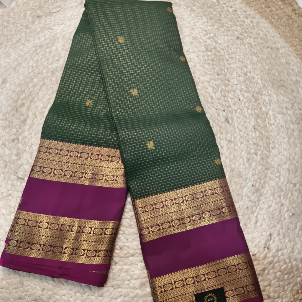 Pure Kanchipuram Silk Saree – Bottle Green and Wine with small Checks