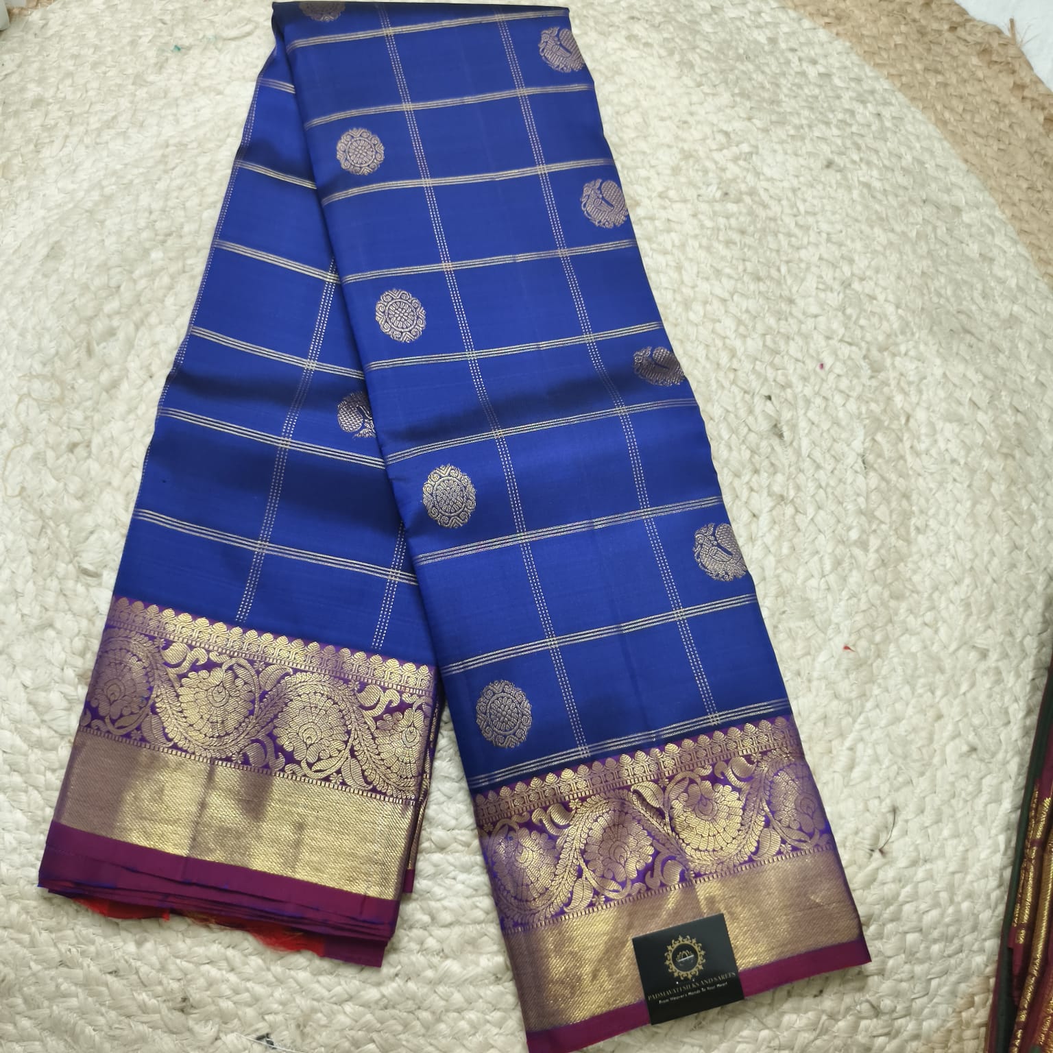 Pure Kanchipuram Silk Saree – Blue and Magenta Checks