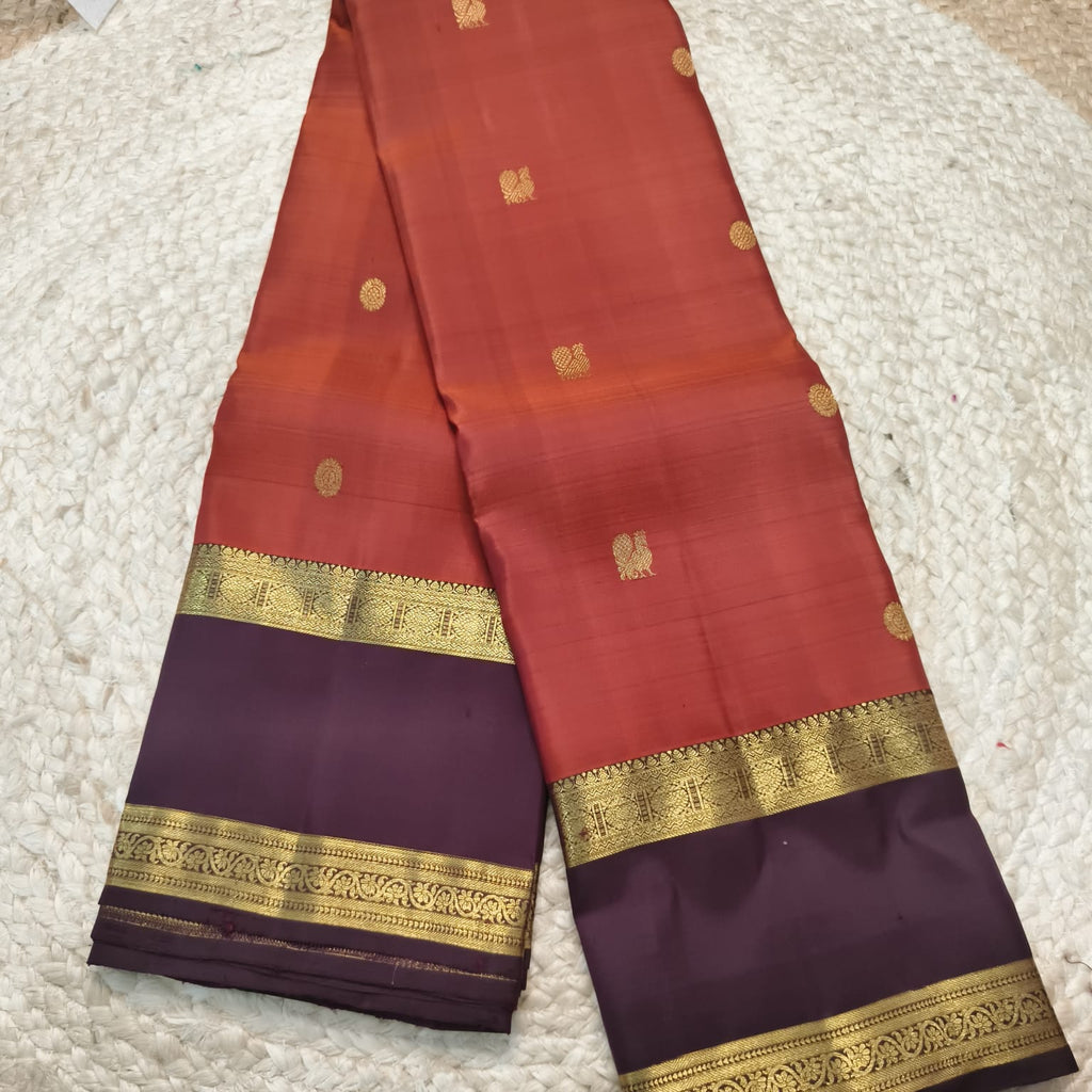 Pure Kanchipuram Silk Saree –Rust Orange and Deep Chocolate