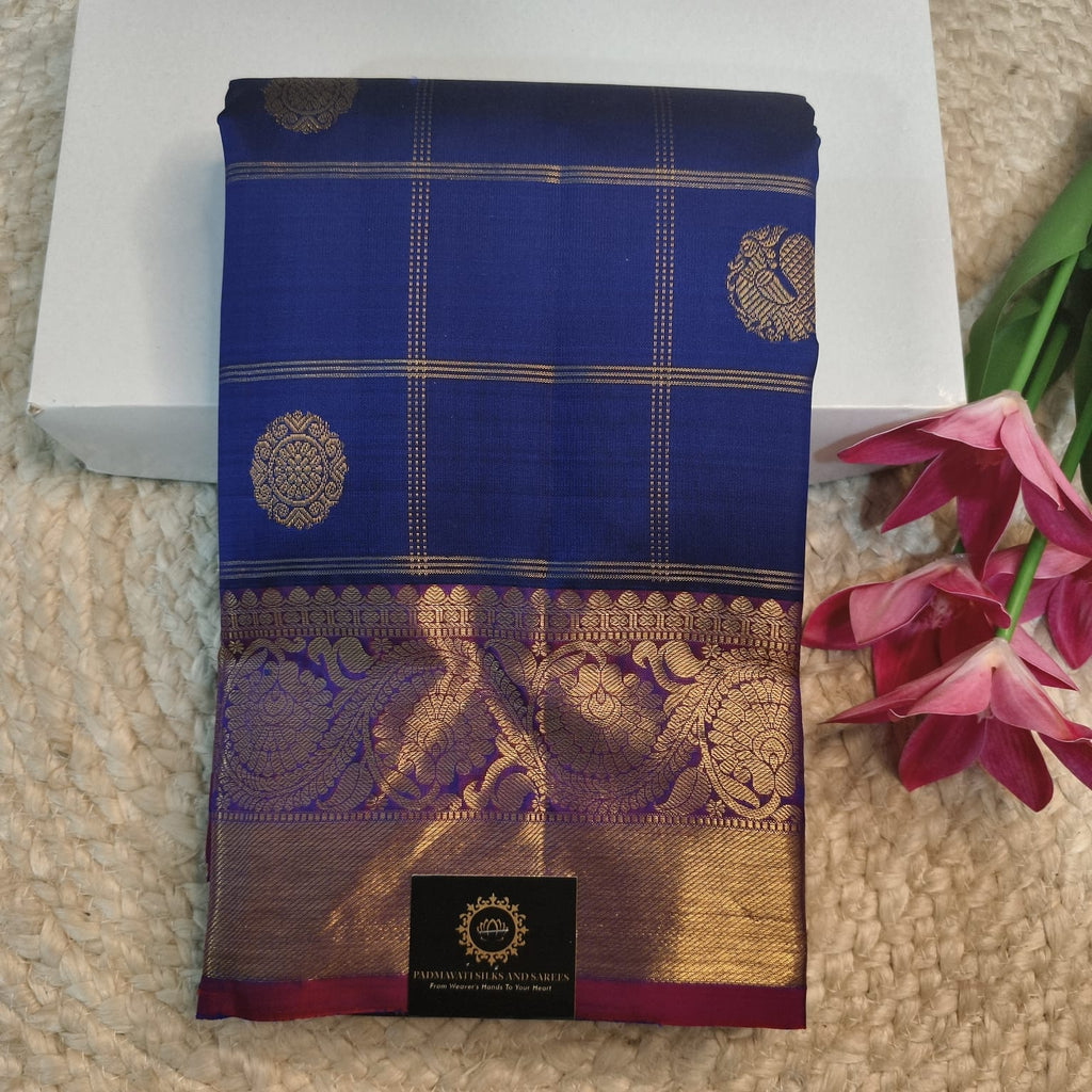 Pure Kanchipuram Silk Saree – Blue and Magenta Checks