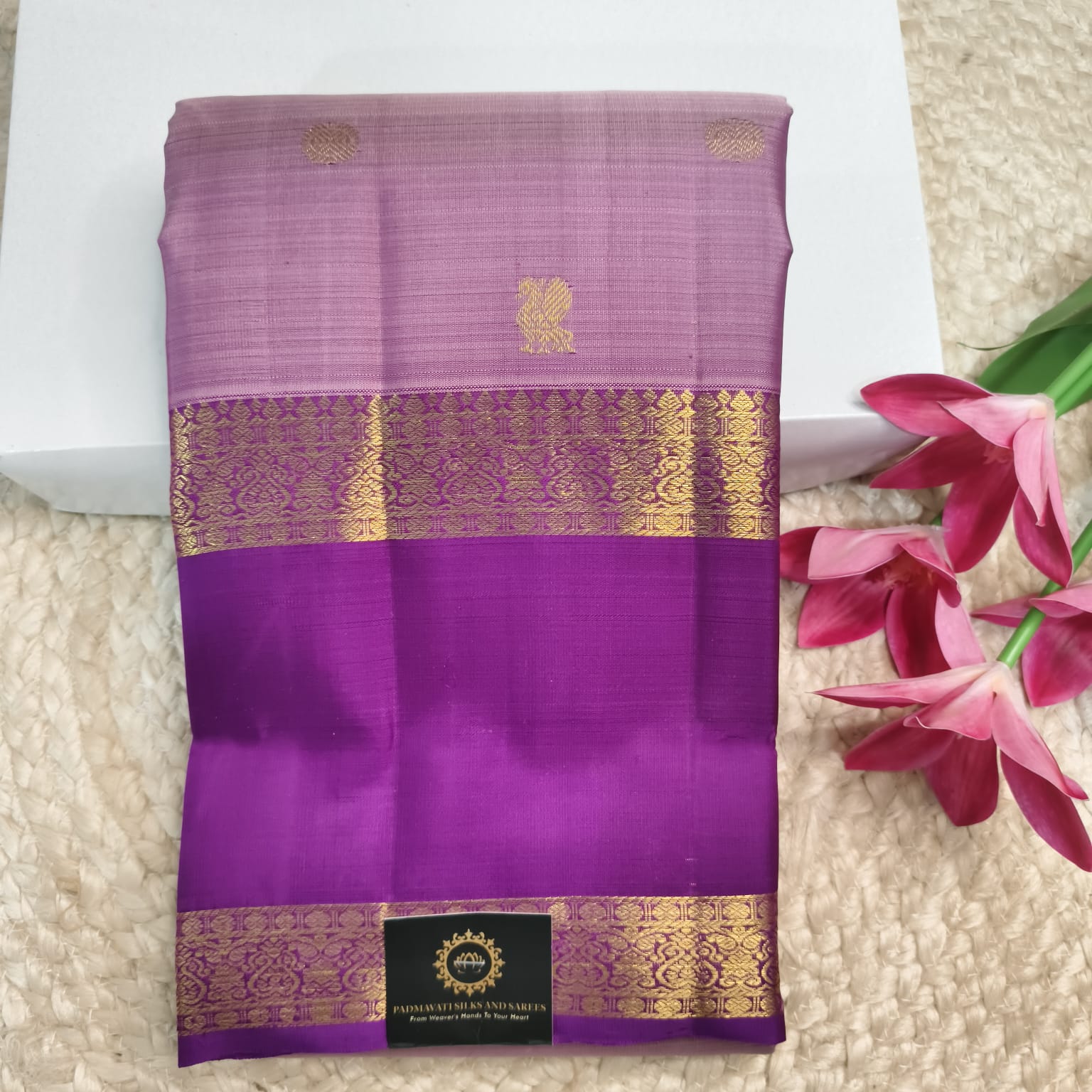 Pure Kanchipuram Silk Saree – Light Purple and Magenta with Bentex