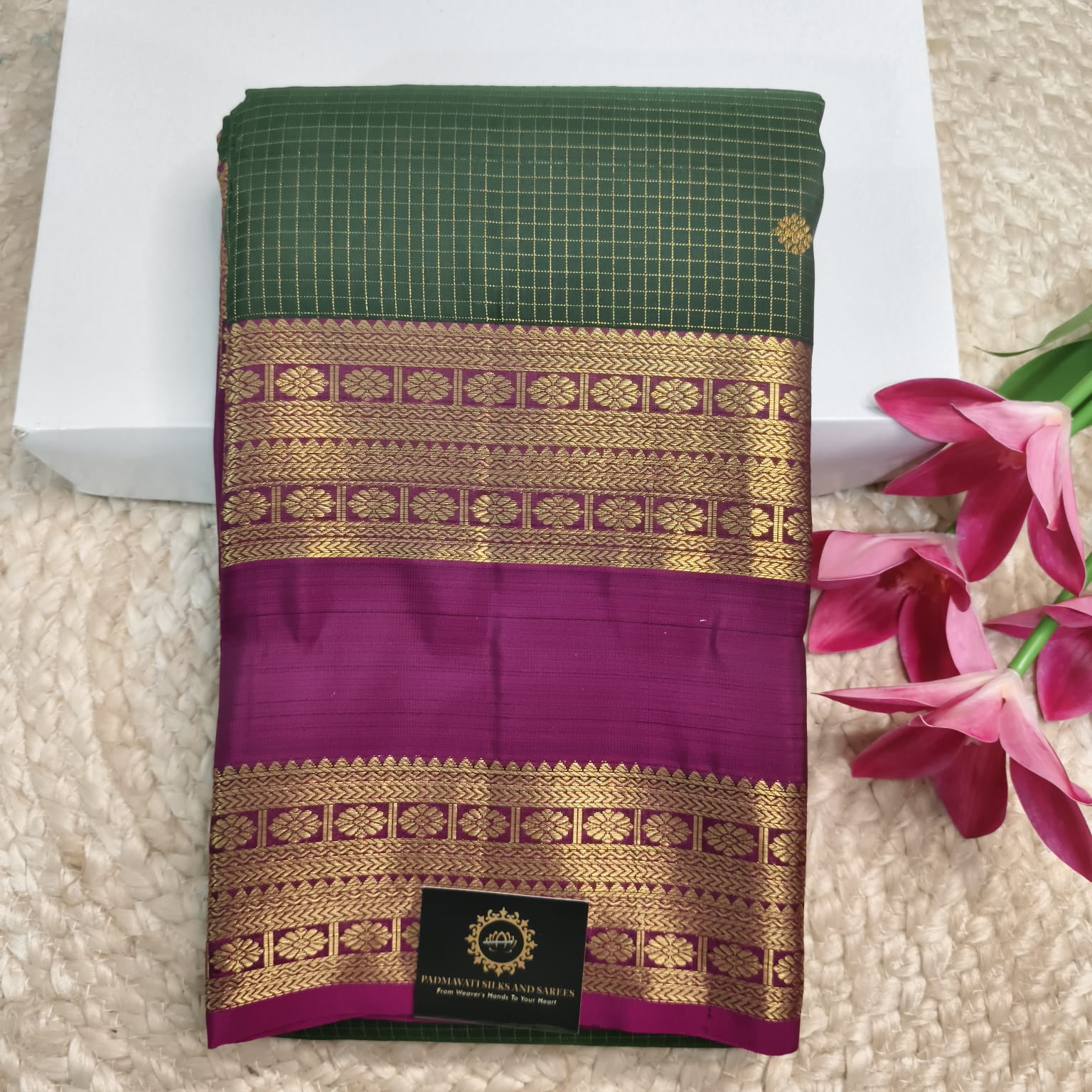 Pure Kanchipuram Silk Saree – Bottle Green and Wine with small Checks