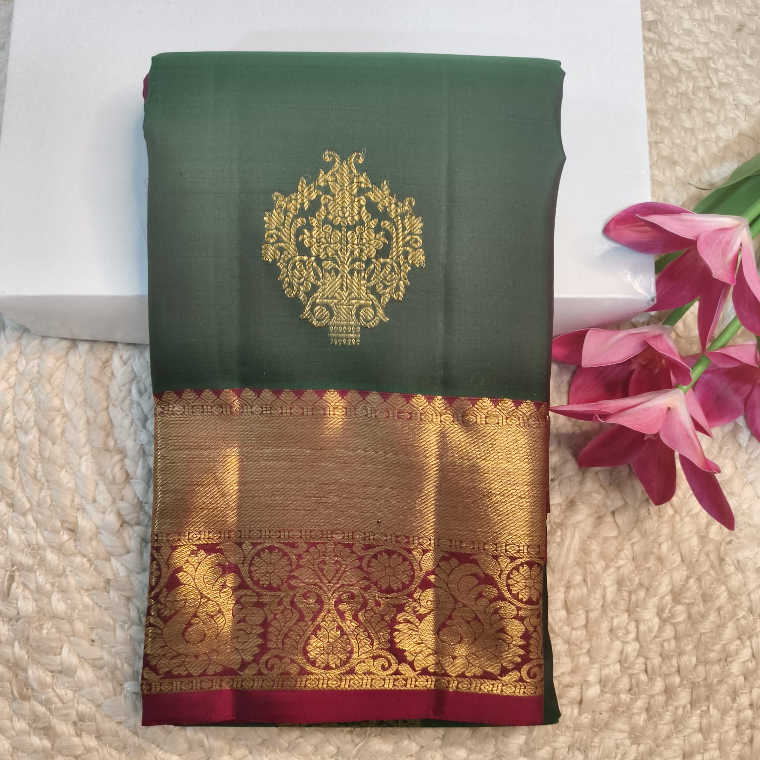 Pure Kanchipuram Silk Saree – Bottle Green and Maroon
