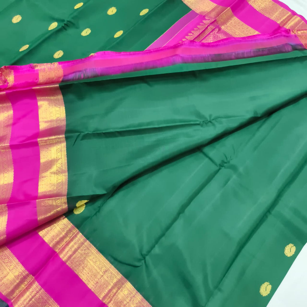 Pure Kanchipuram Silk Saree –Bottle Green and Rani Pink