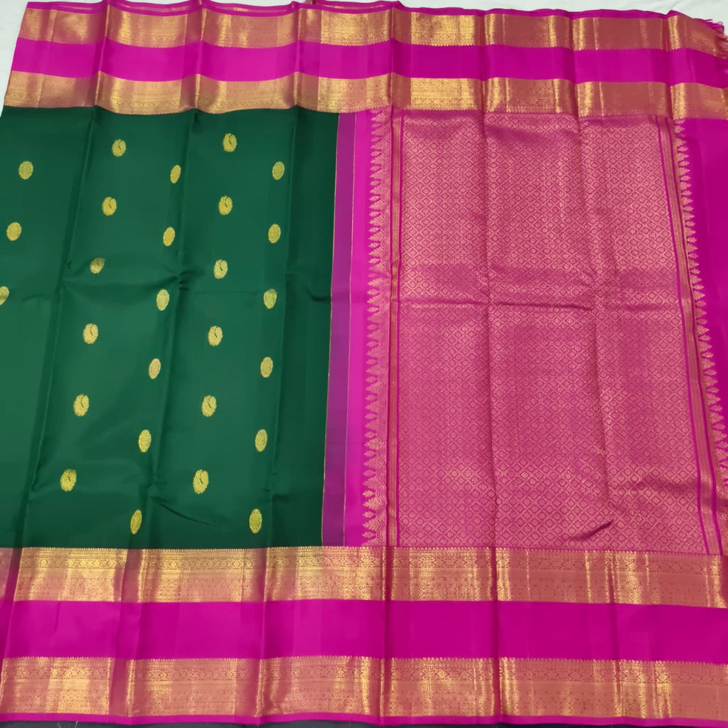 Pure Kanchipuram Silk Saree –Bottle Green and Rani Pink