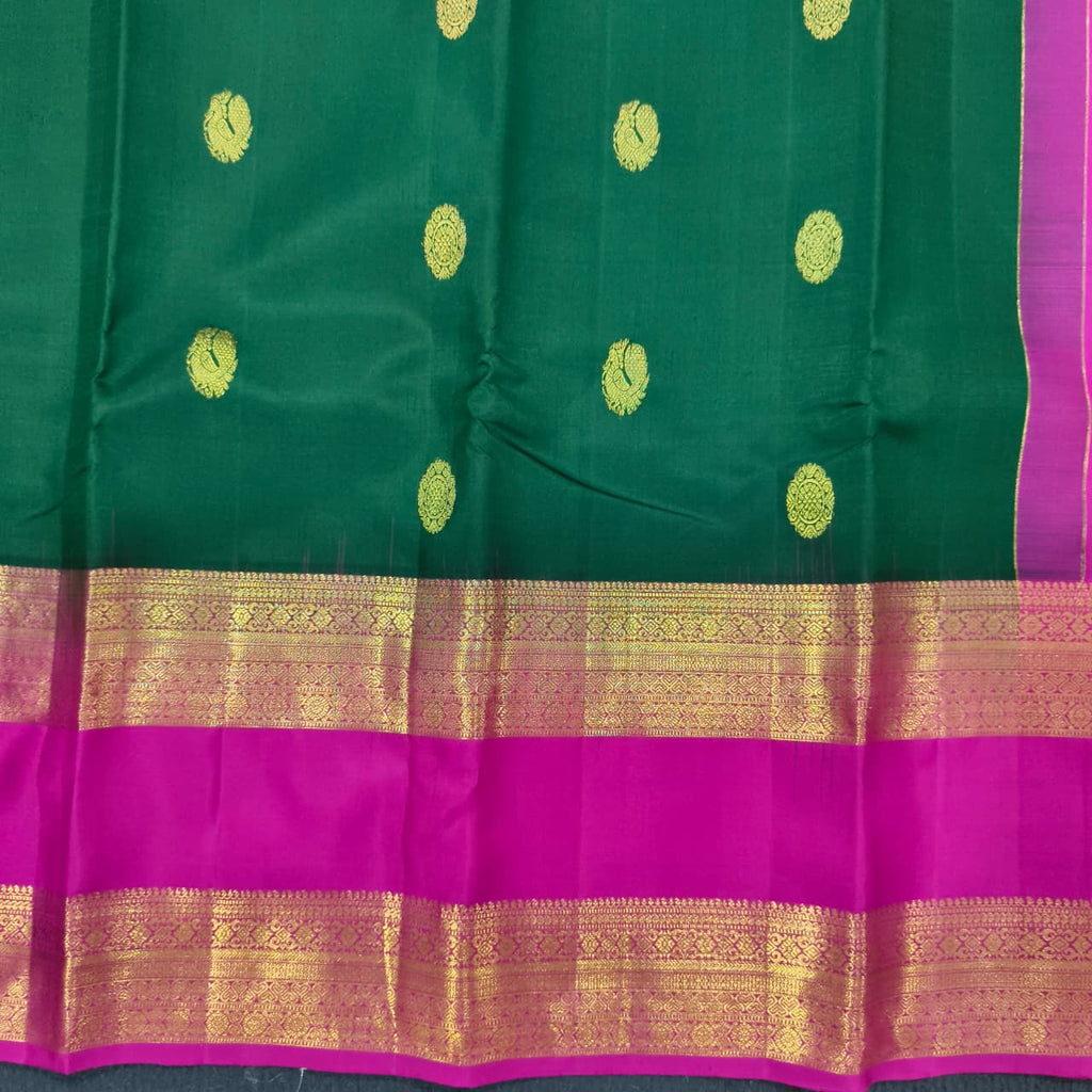 Pure Kanchipuram Silk Saree –Bottle Green and Rani Pink
