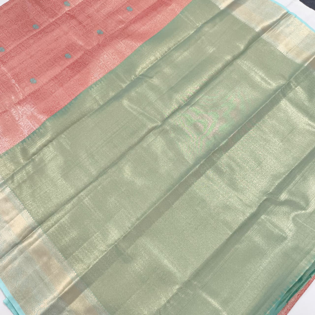 Semi Kanchipuram Brocade Silk Saree-  Peach with Sea Green color Contrast