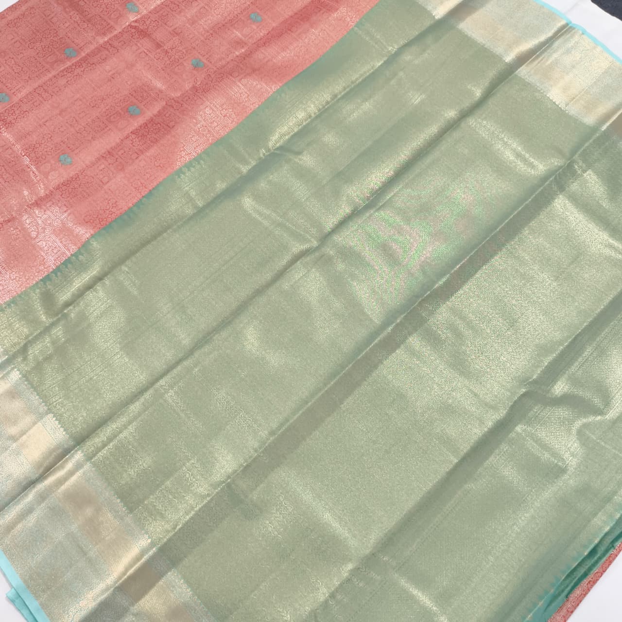 Semi Kanchipuram Brocade Silk Saree-  Peach with Sea Green color Contrast
